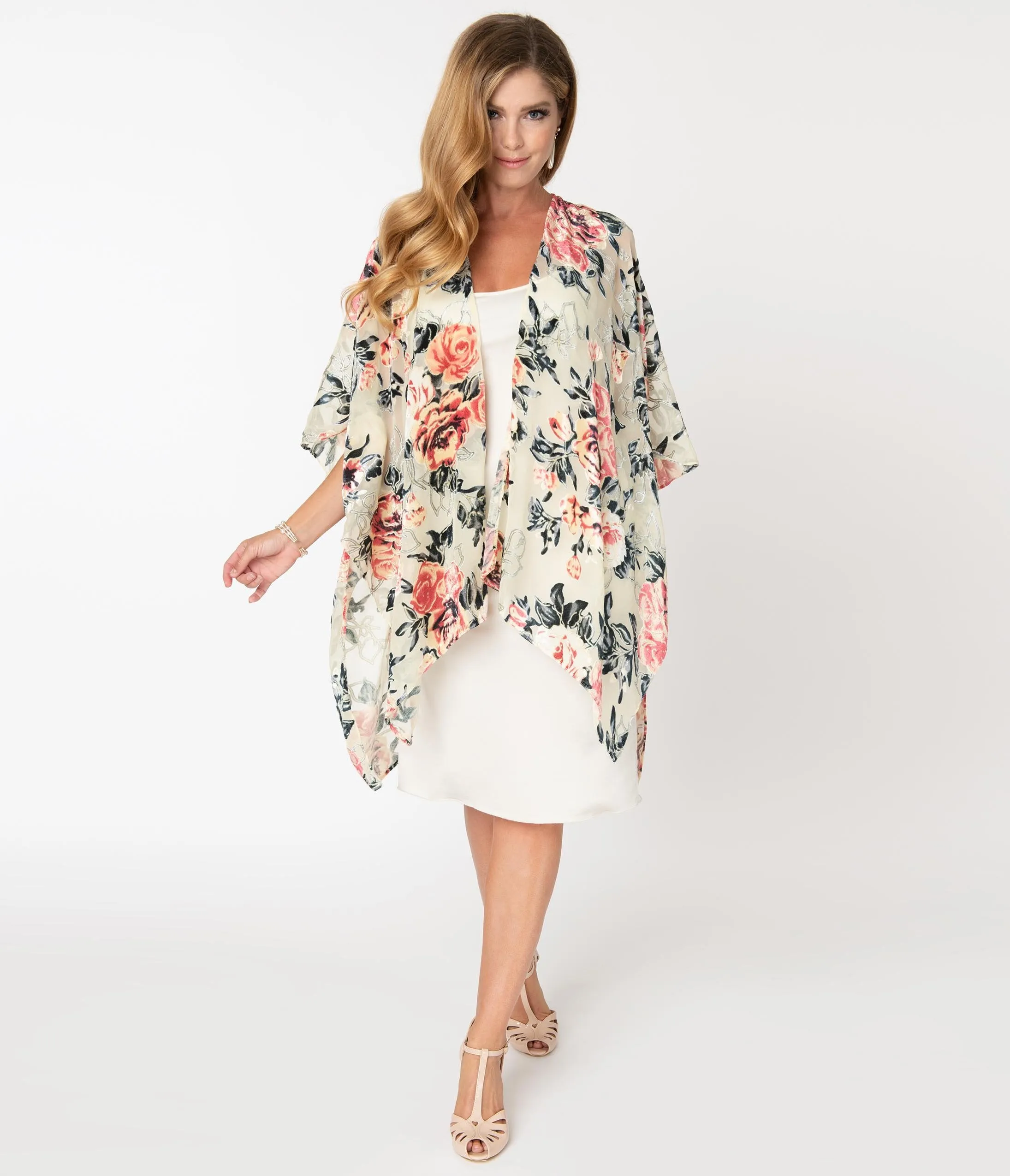 1920s Style Beige & Pink Floral Devore Velvet Kimono