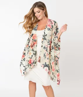1920s Style Beige & Pink Floral Devore Velvet Kimono