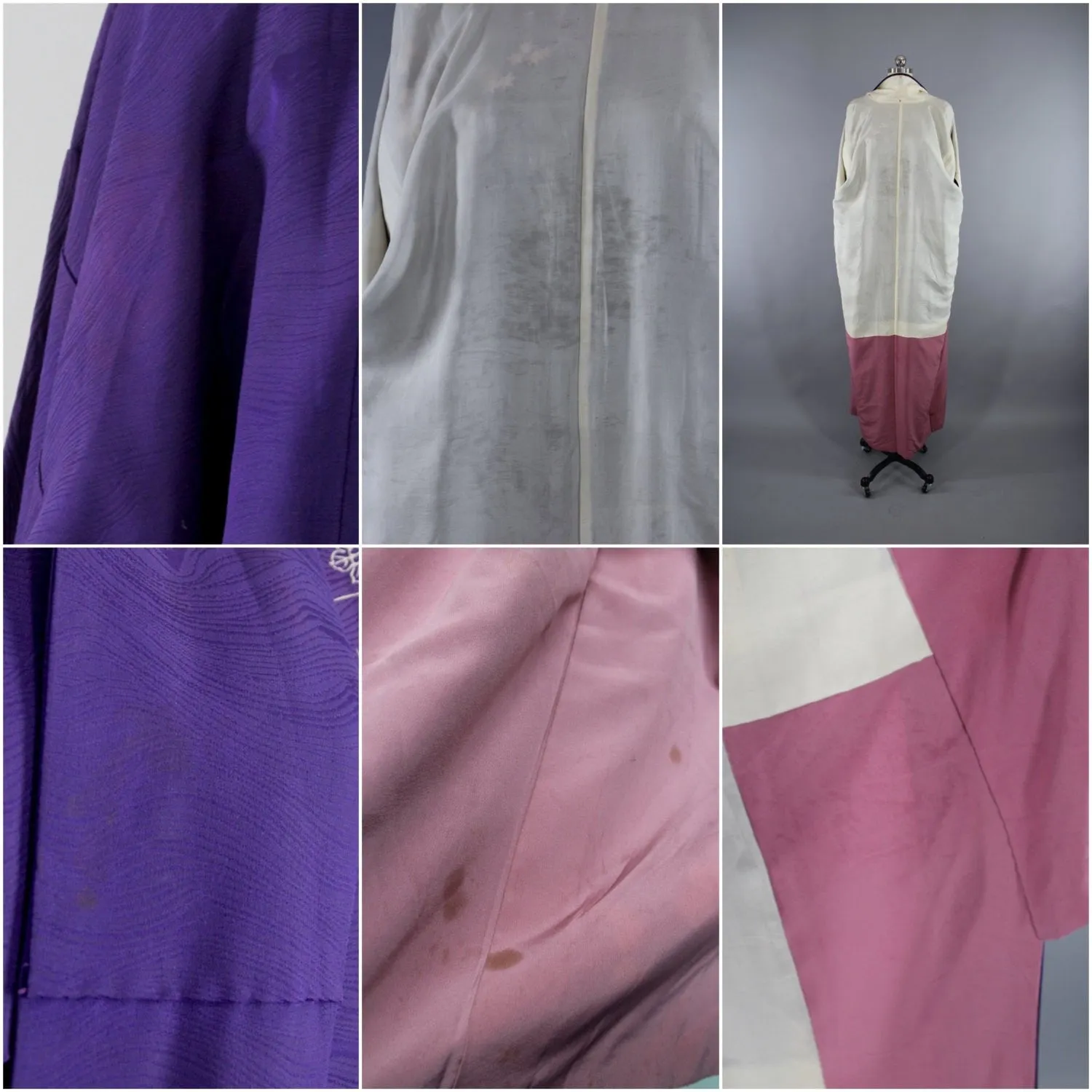 1950s Vintage Silk Kimono Robe in Dark Purple Floral Print