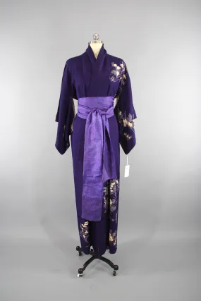 1950s Vintage Silk Kimono Robe in Dark Purple Floral Print