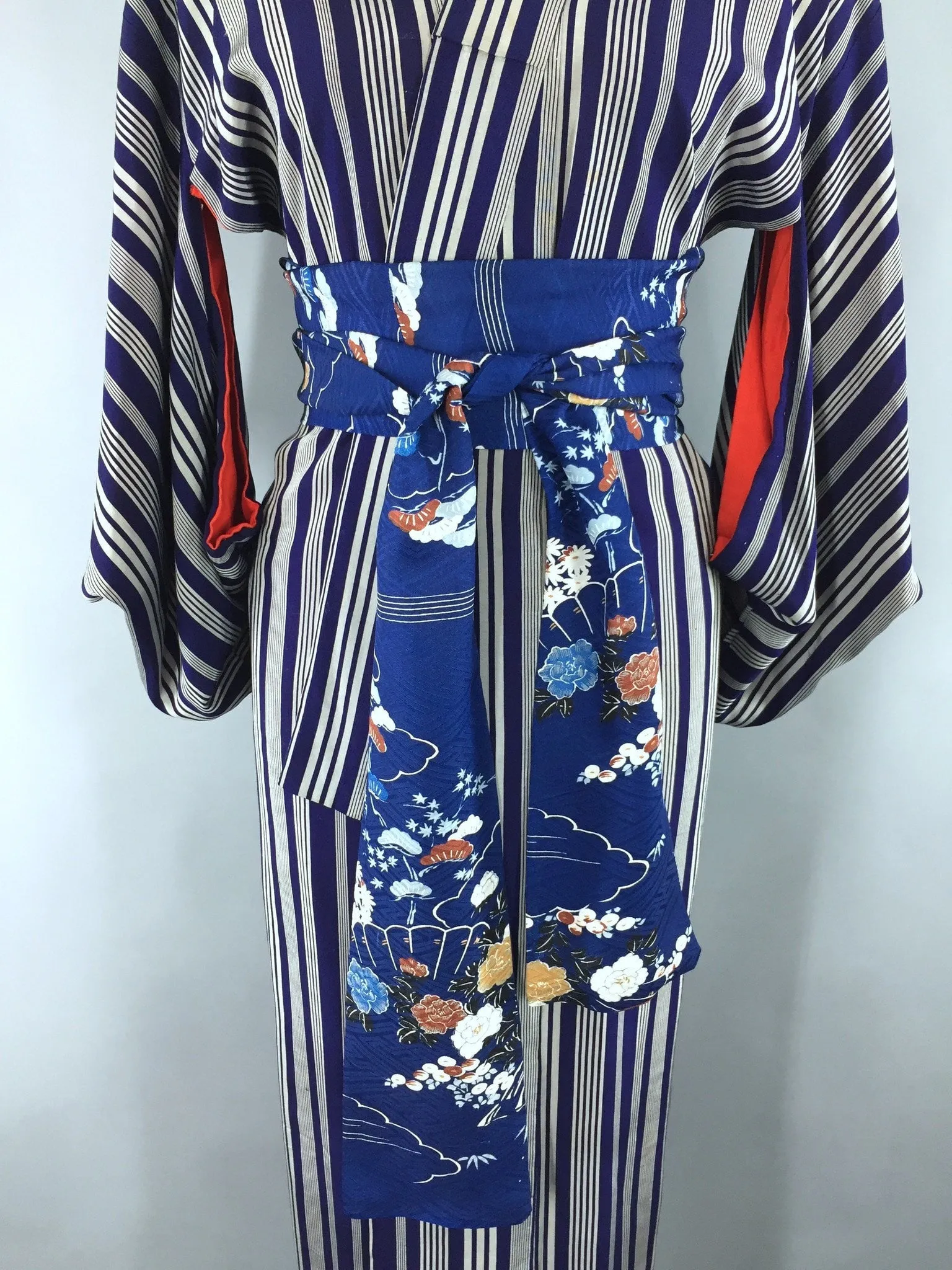 1950s Vintage Silk Kimono Robe with Silver Stripes
