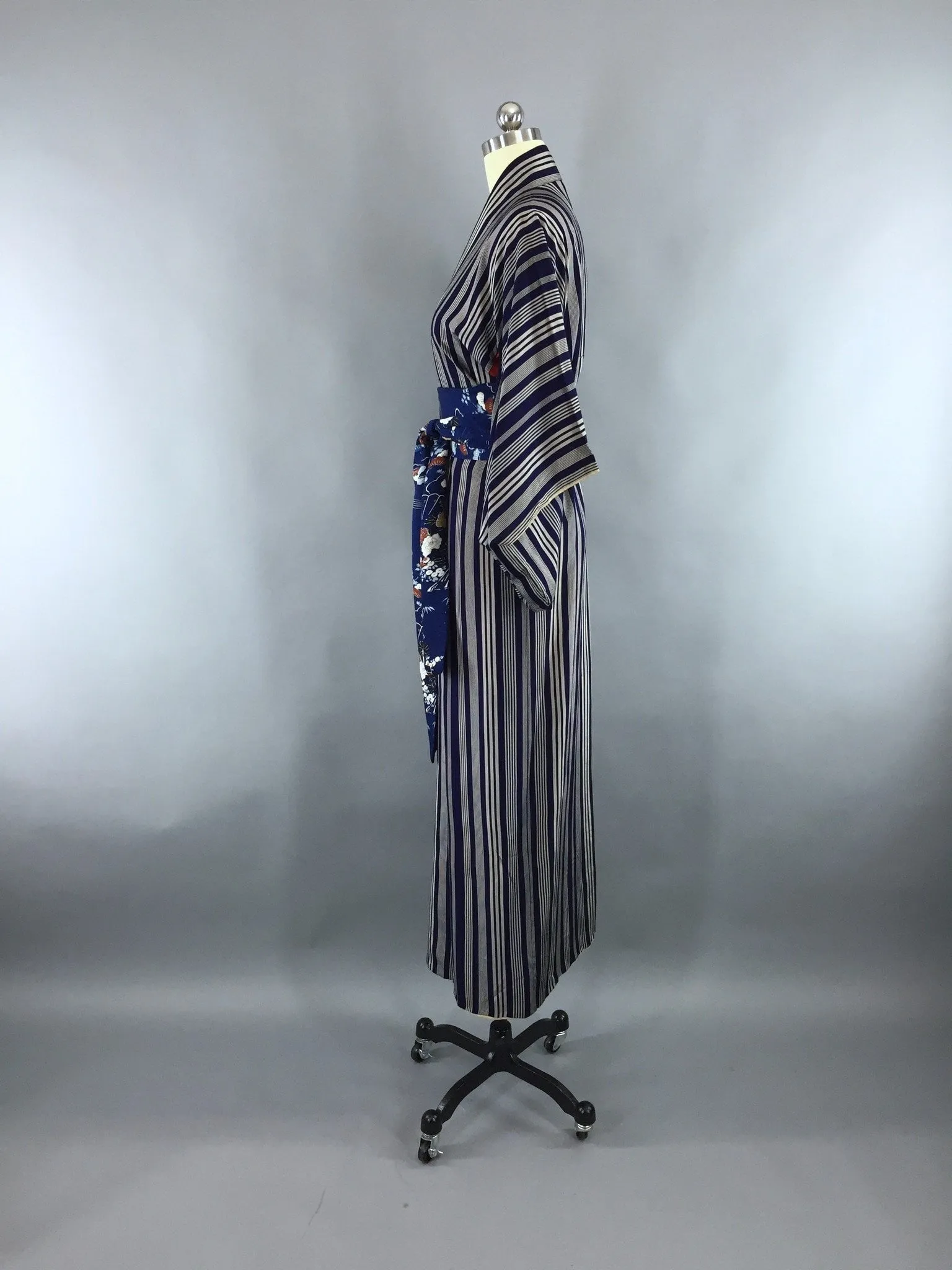 1950s Vintage Silk Kimono Robe with Silver Stripes