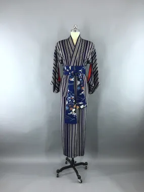 1950s Vintage Silk Kimono Robe with Silver Stripes