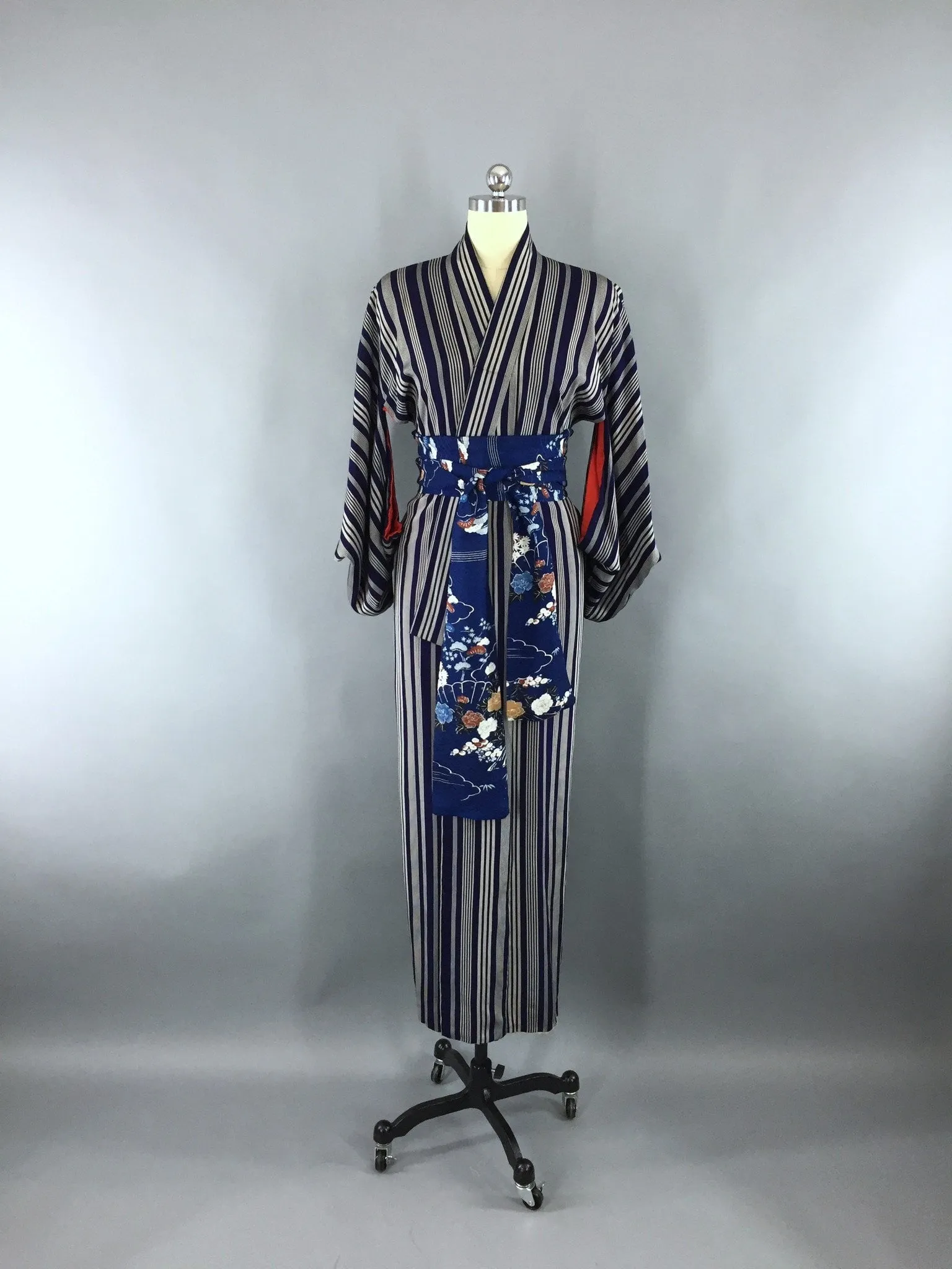 1950s Vintage Silk Kimono Robe with Silver Stripes