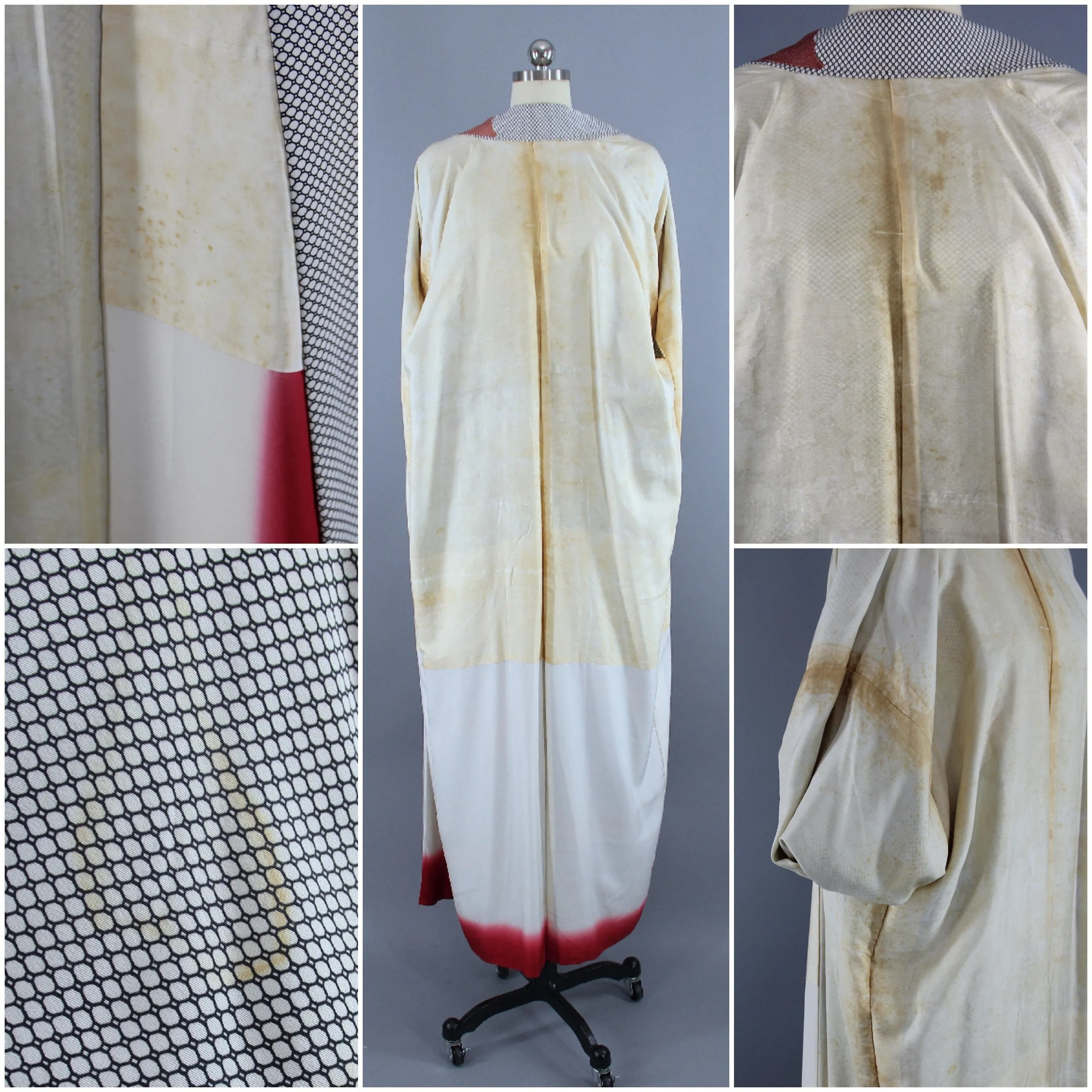 1960s Vintage Silk Kimono Robe / Black & White Clouds