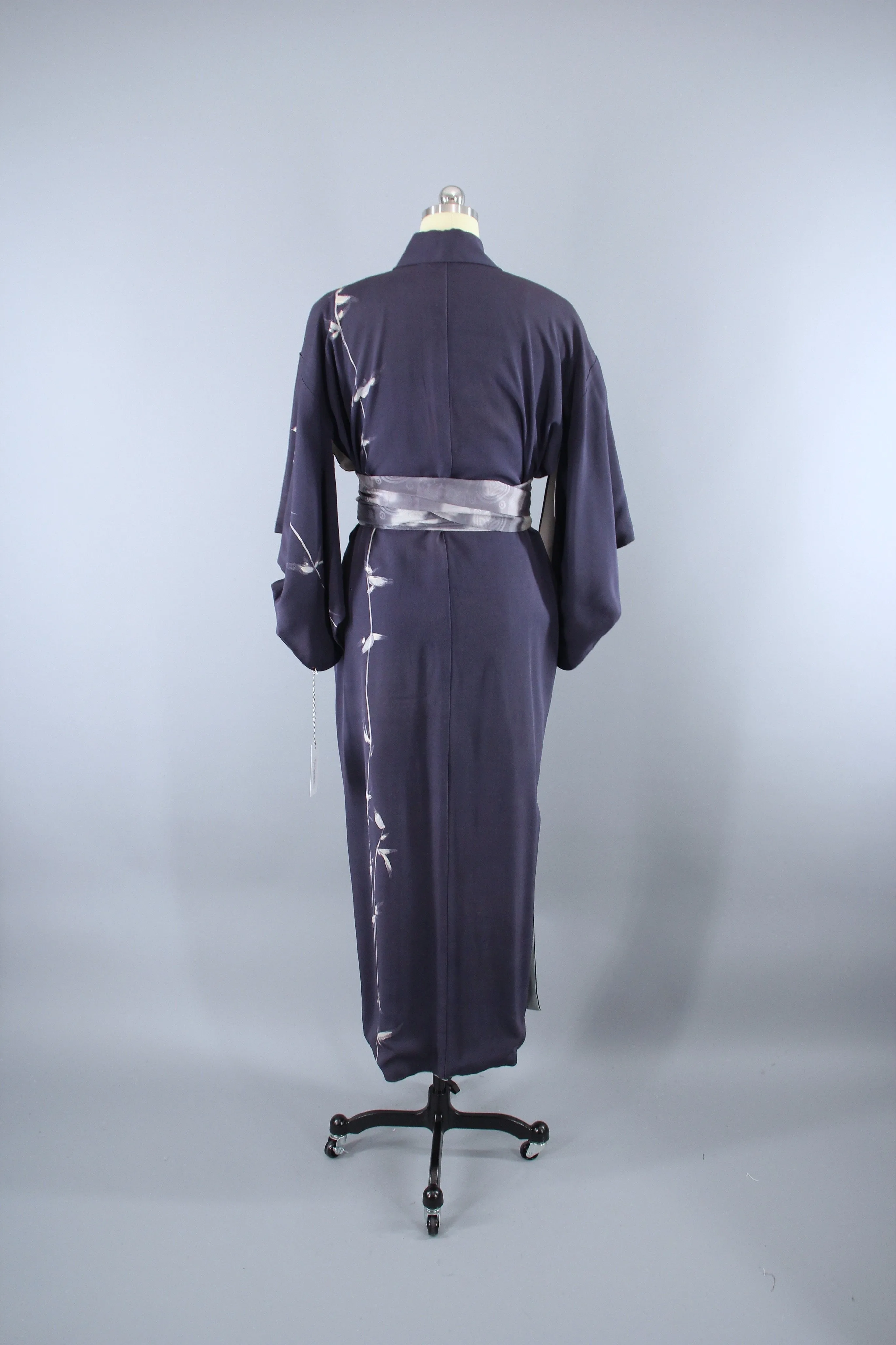 1960s Vintage Silk Kimono Robe / Grey Blue Bamboo