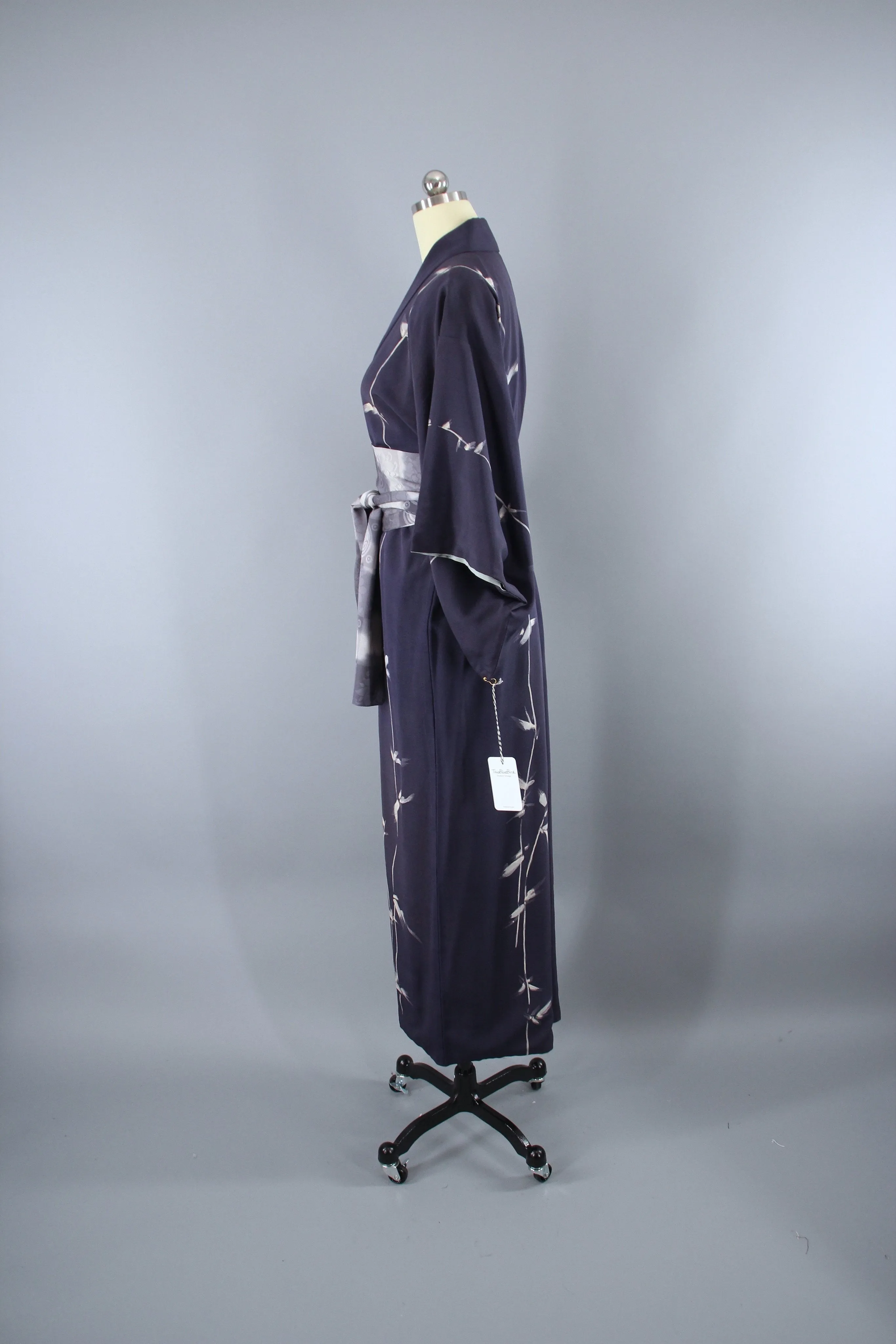 1960s Vintage Silk Kimono Robe / Grey Blue Bamboo