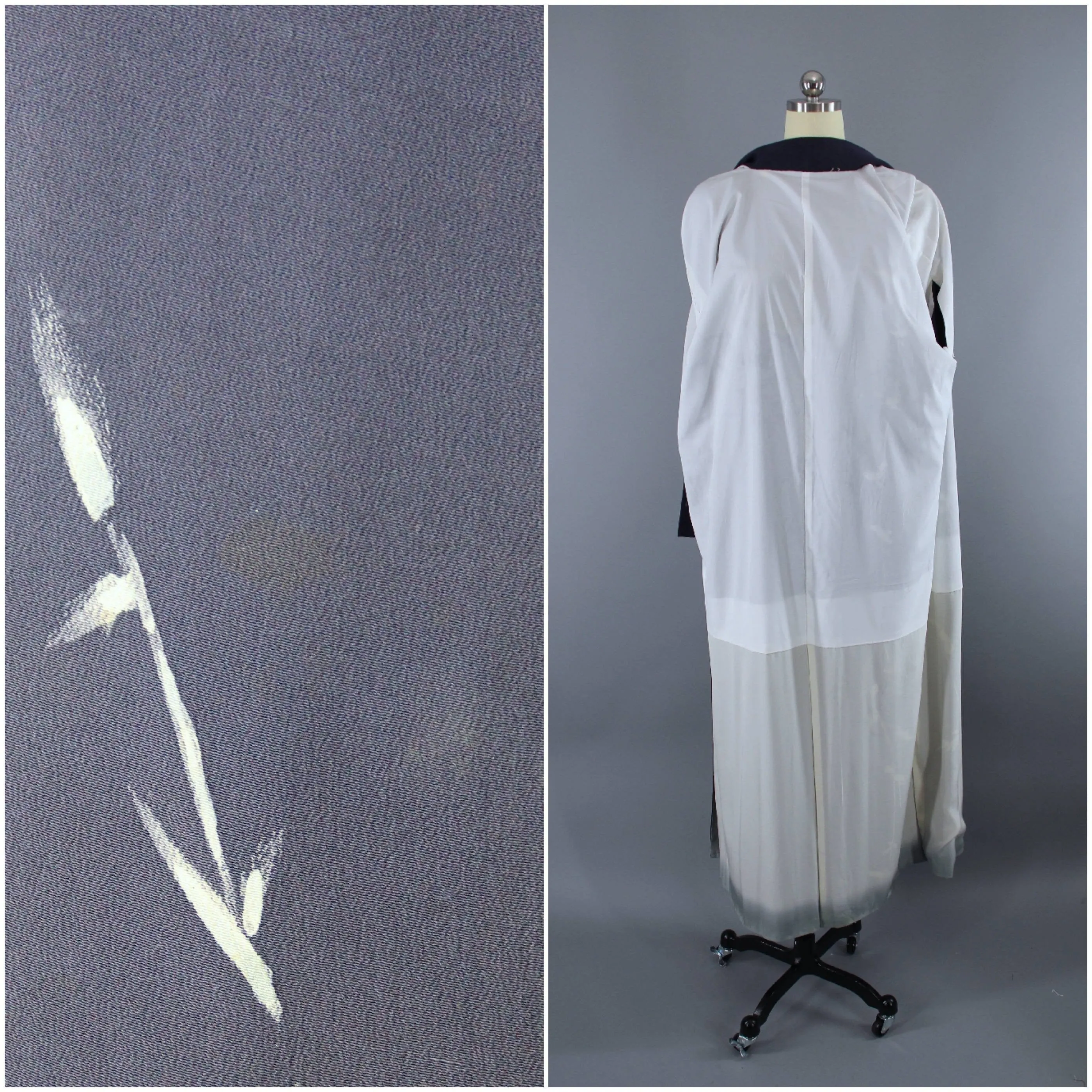 1960s Vintage Silk Kimono Robe / Grey Blue Bamboo