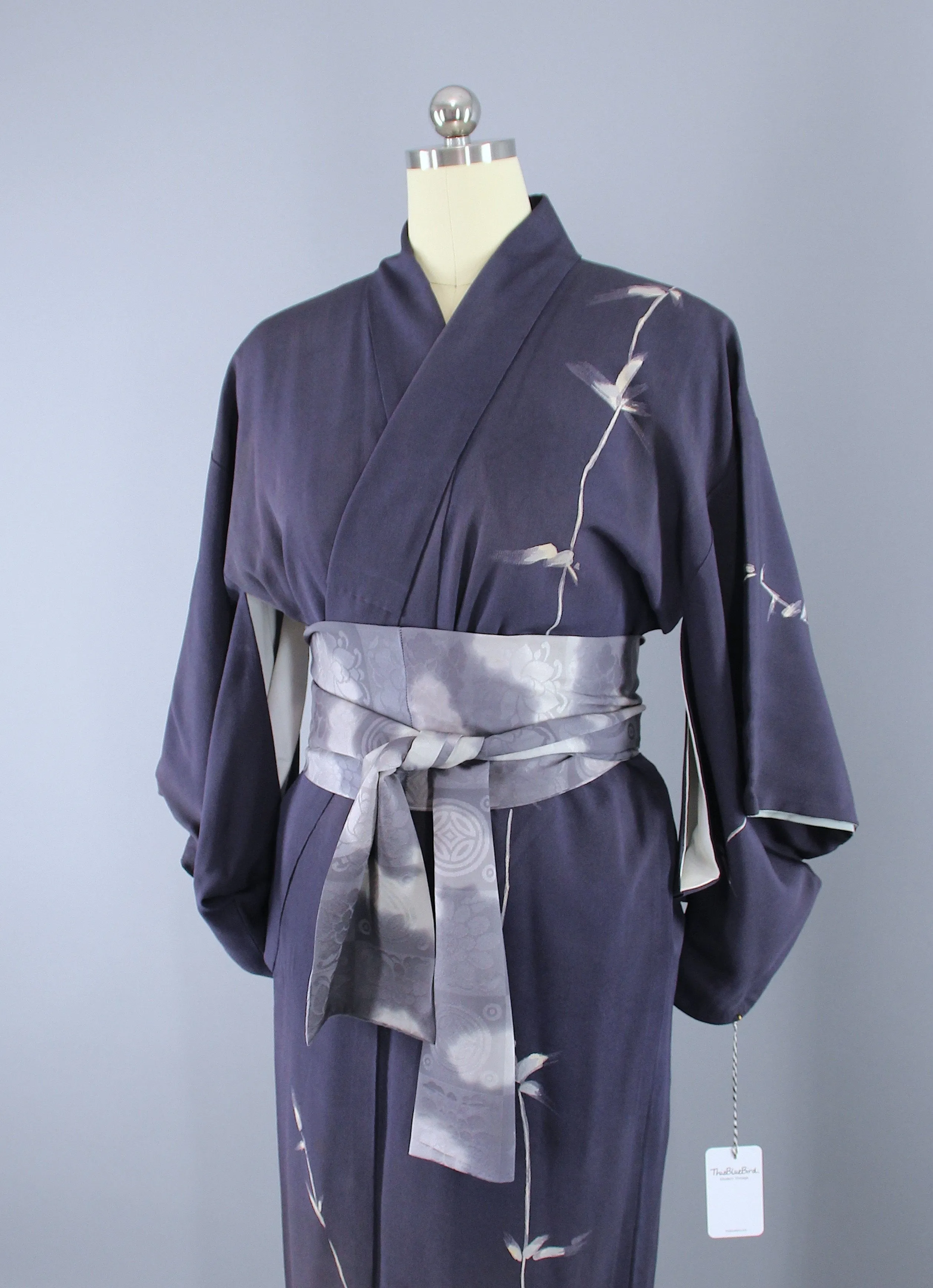 1960s Vintage Silk Kimono Robe / Grey Blue Bamboo