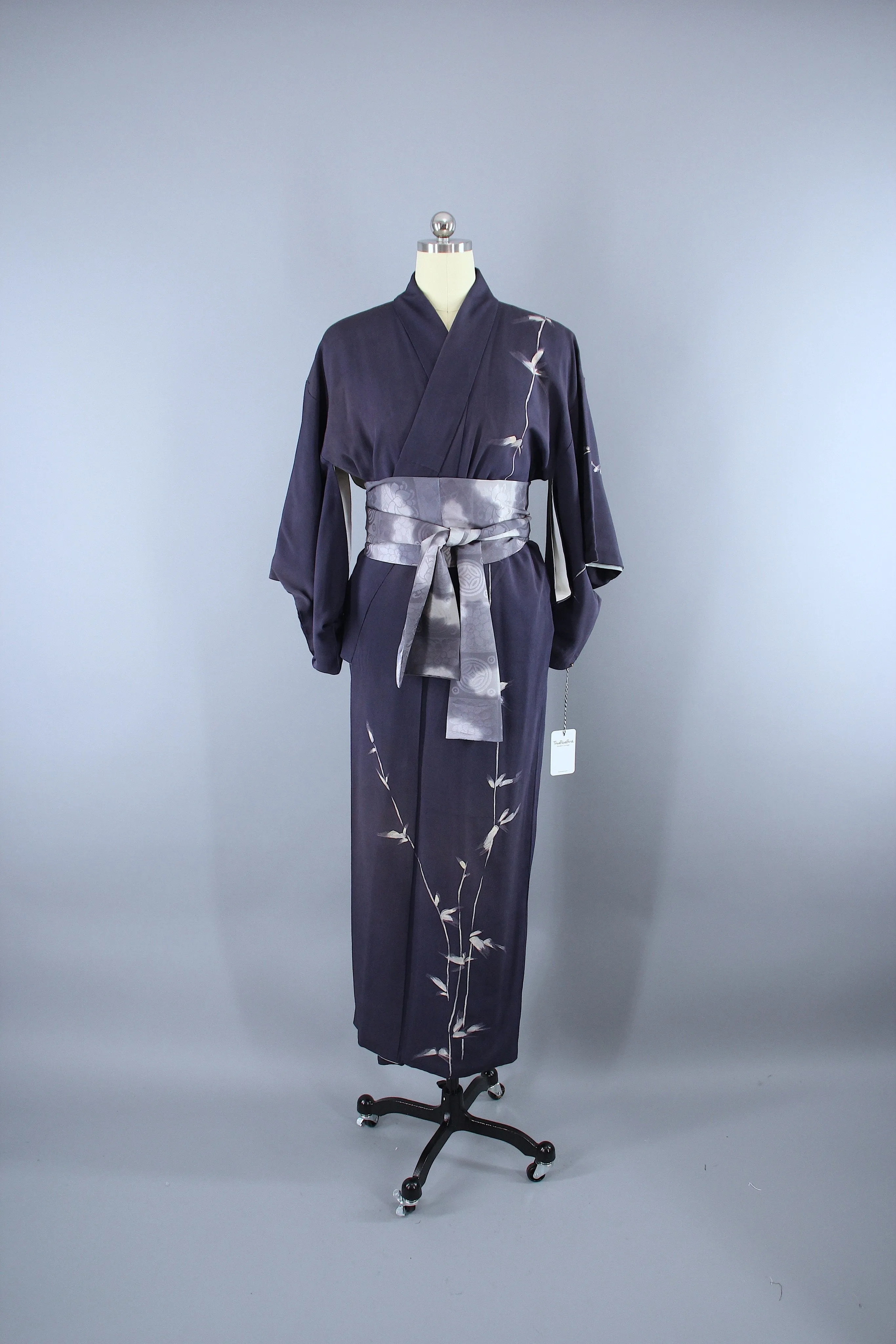 1960s Vintage Silk Kimono Robe / Grey Blue Bamboo