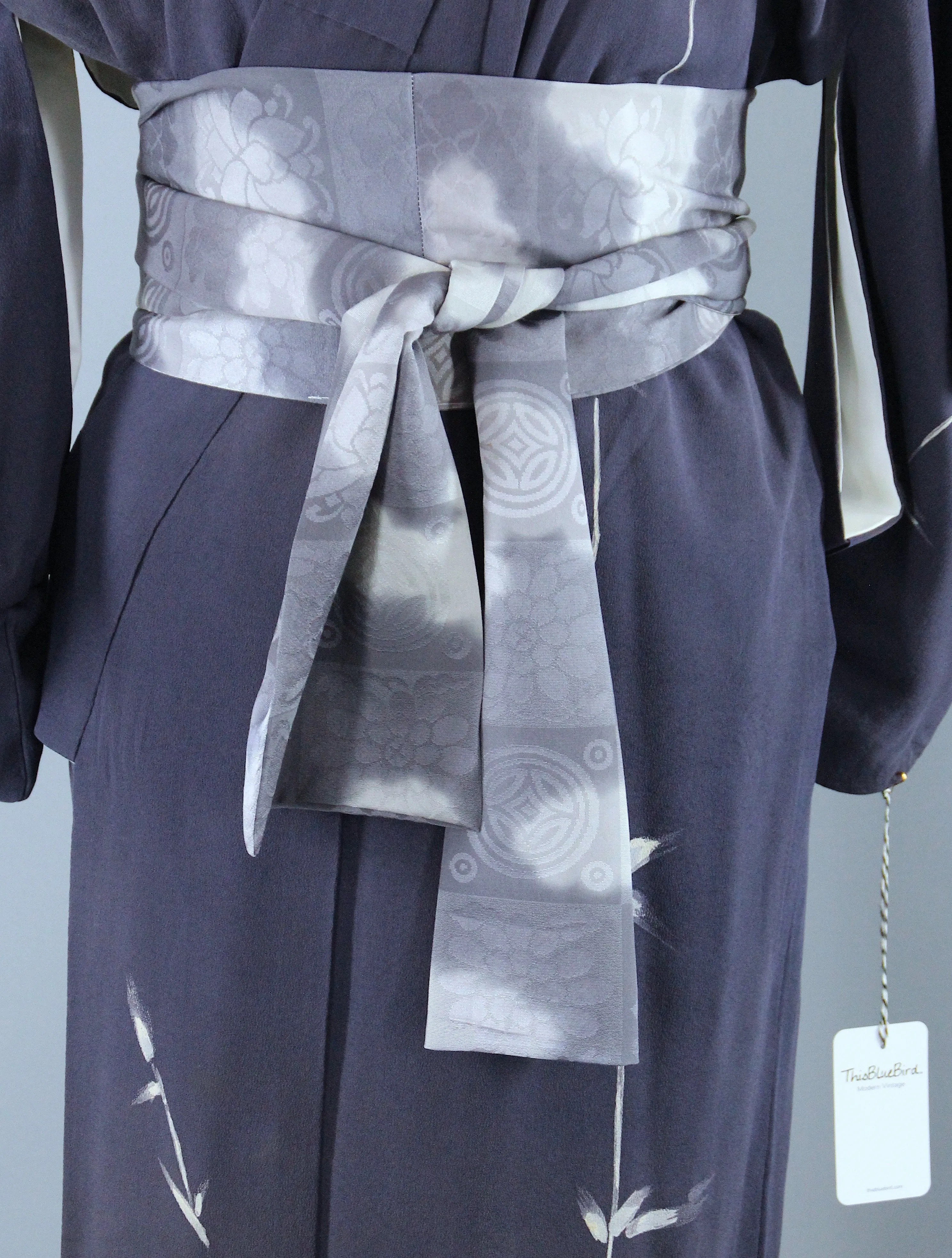1960s Vintage Silk Kimono Robe / Grey Blue Bamboo