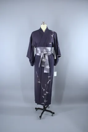 1960s Vintage Silk Kimono Robe / Grey Blue Bamboo