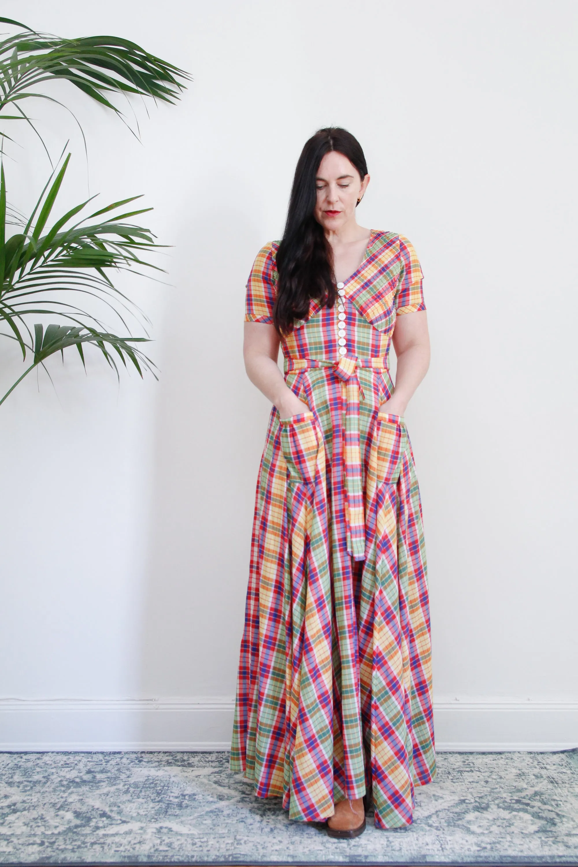 1970's Betty Barclay Checked Paid Prairie Maxi Dress