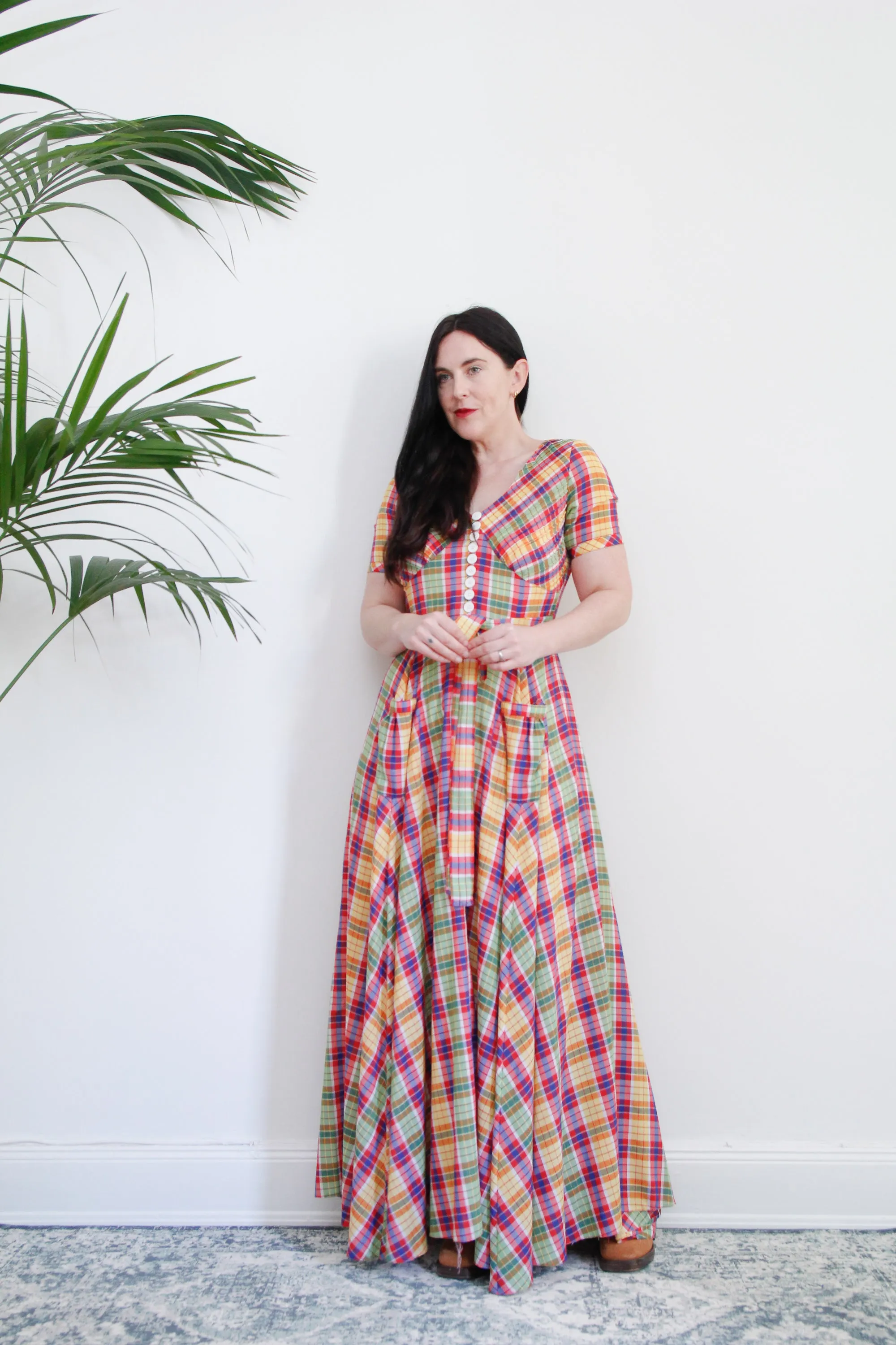 1970's Betty Barclay Checked Paid Prairie Maxi Dress