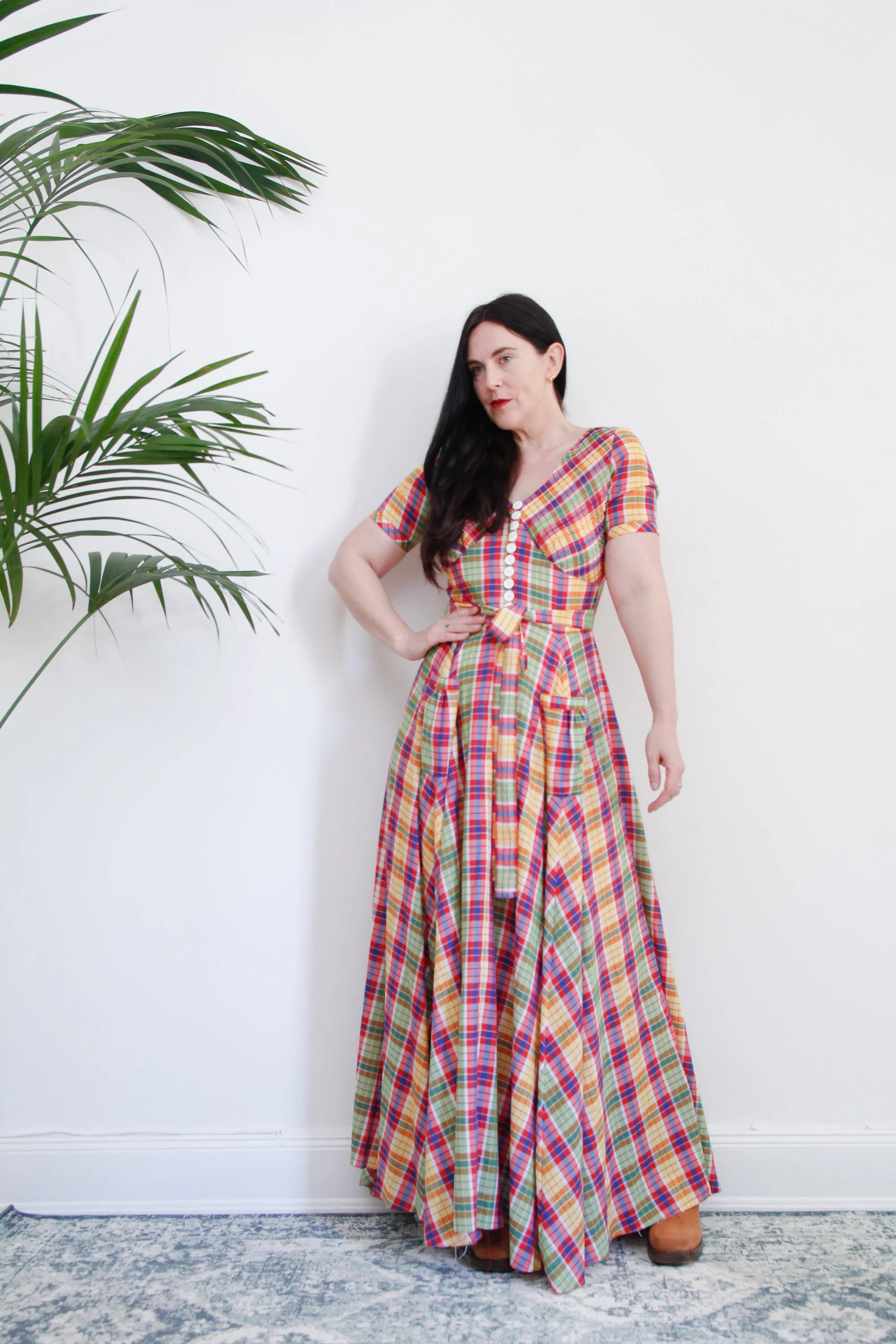 1970's Betty Barclay Checked Paid Prairie Maxi Dress