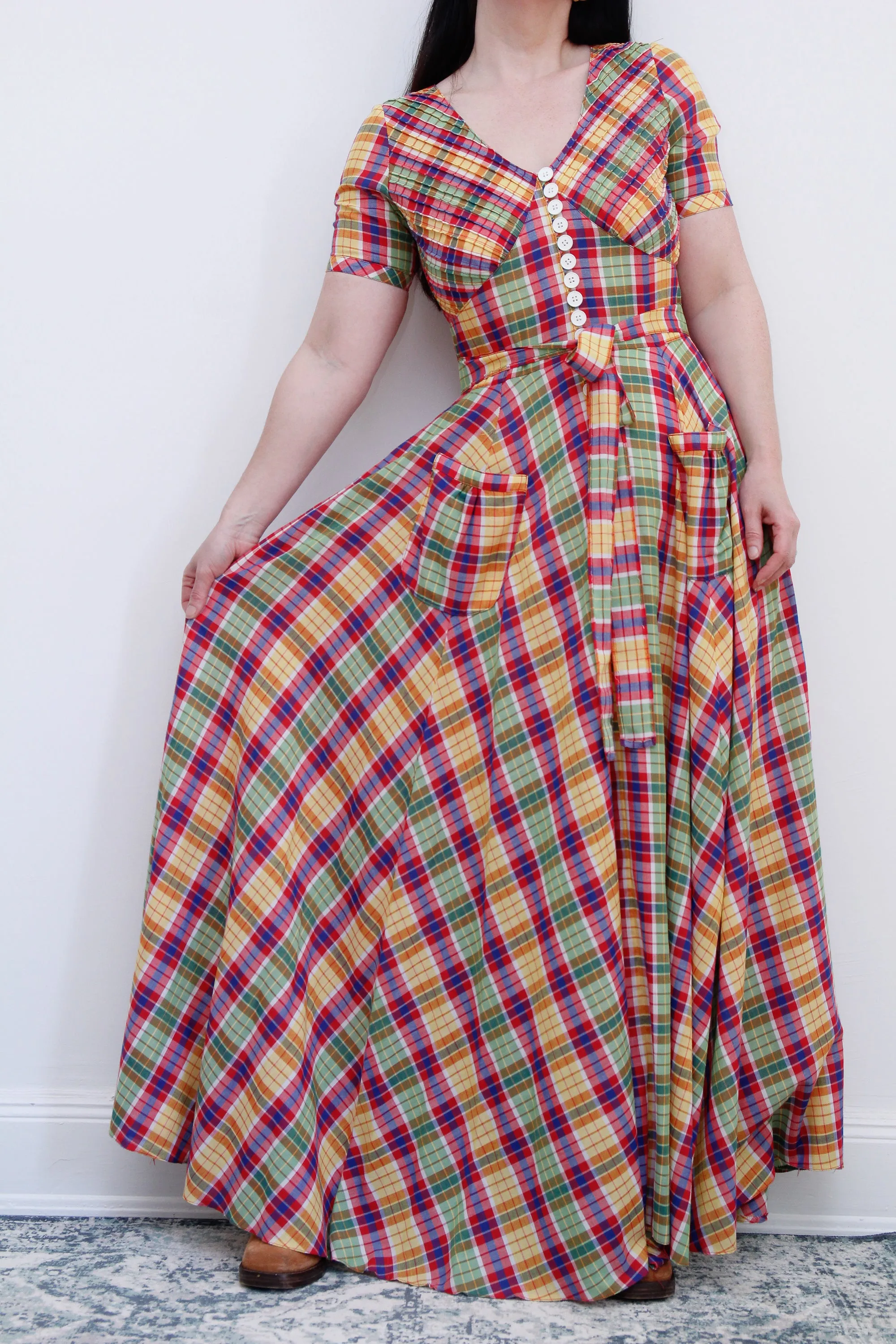 1970's Betty Barclay Checked Paid Prairie Maxi Dress