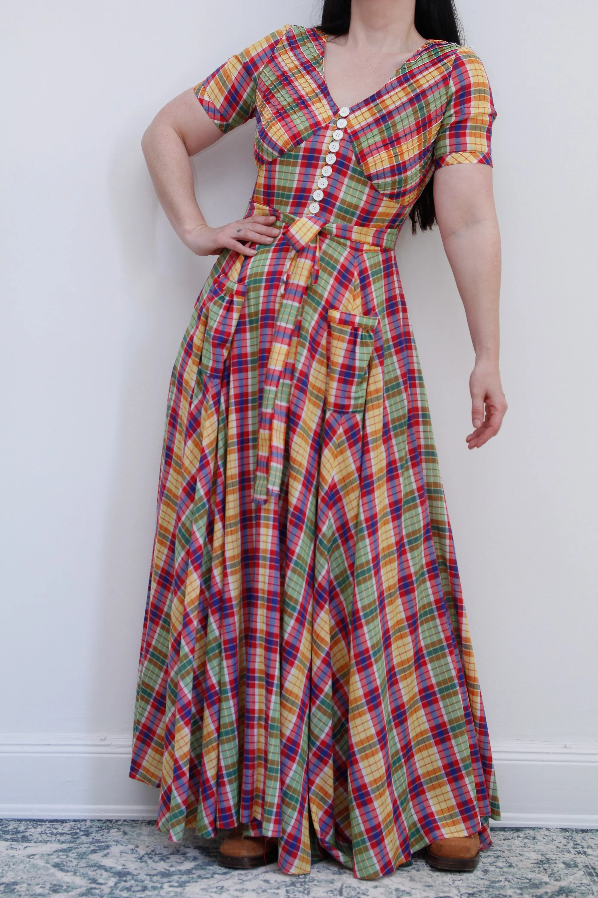 1970's Betty Barclay Checked Paid Prairie Maxi Dress