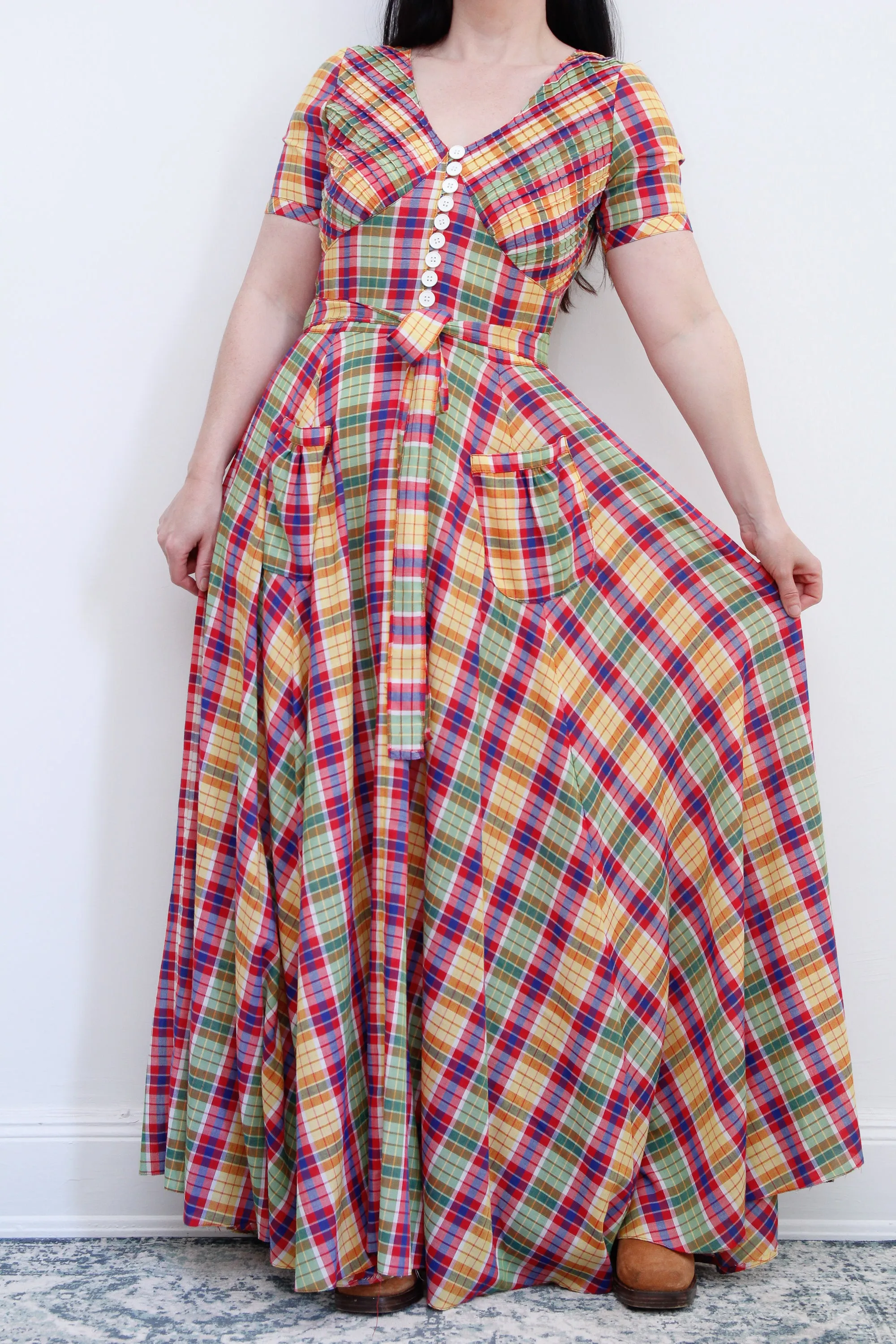 1970's Betty Barclay Checked Paid Prairie Maxi Dress