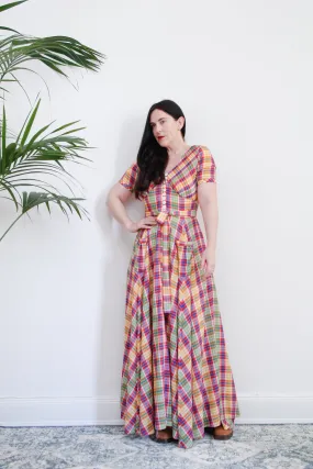 1970's Betty Barclay Checked Paid Prairie Maxi Dress