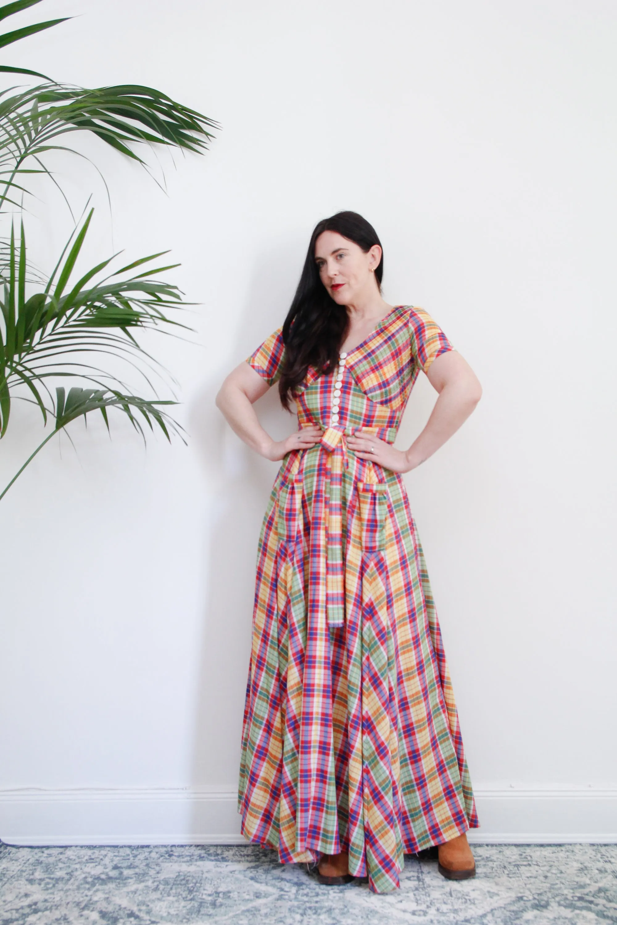1970's Betty Barclay Checked Paid Prairie Maxi Dress