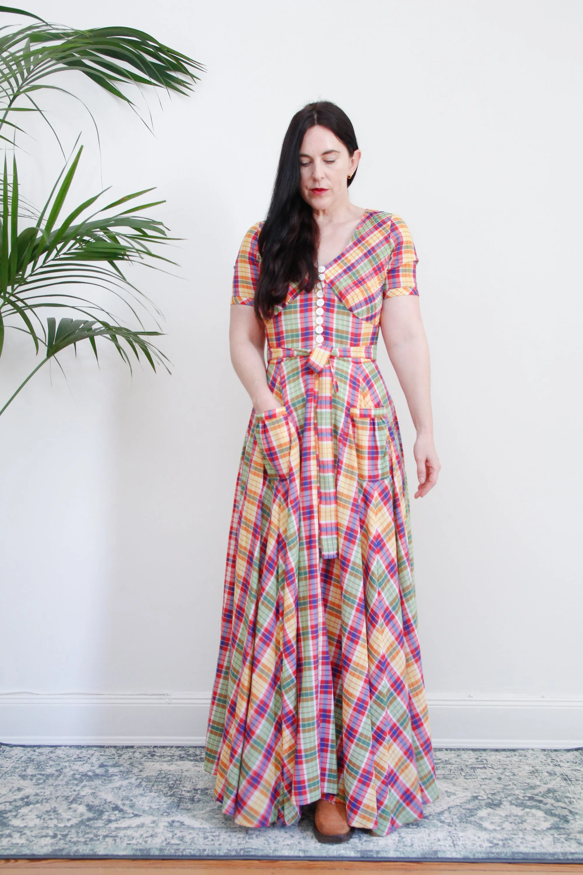1970's Betty Barclay Checked Paid Prairie Maxi Dress