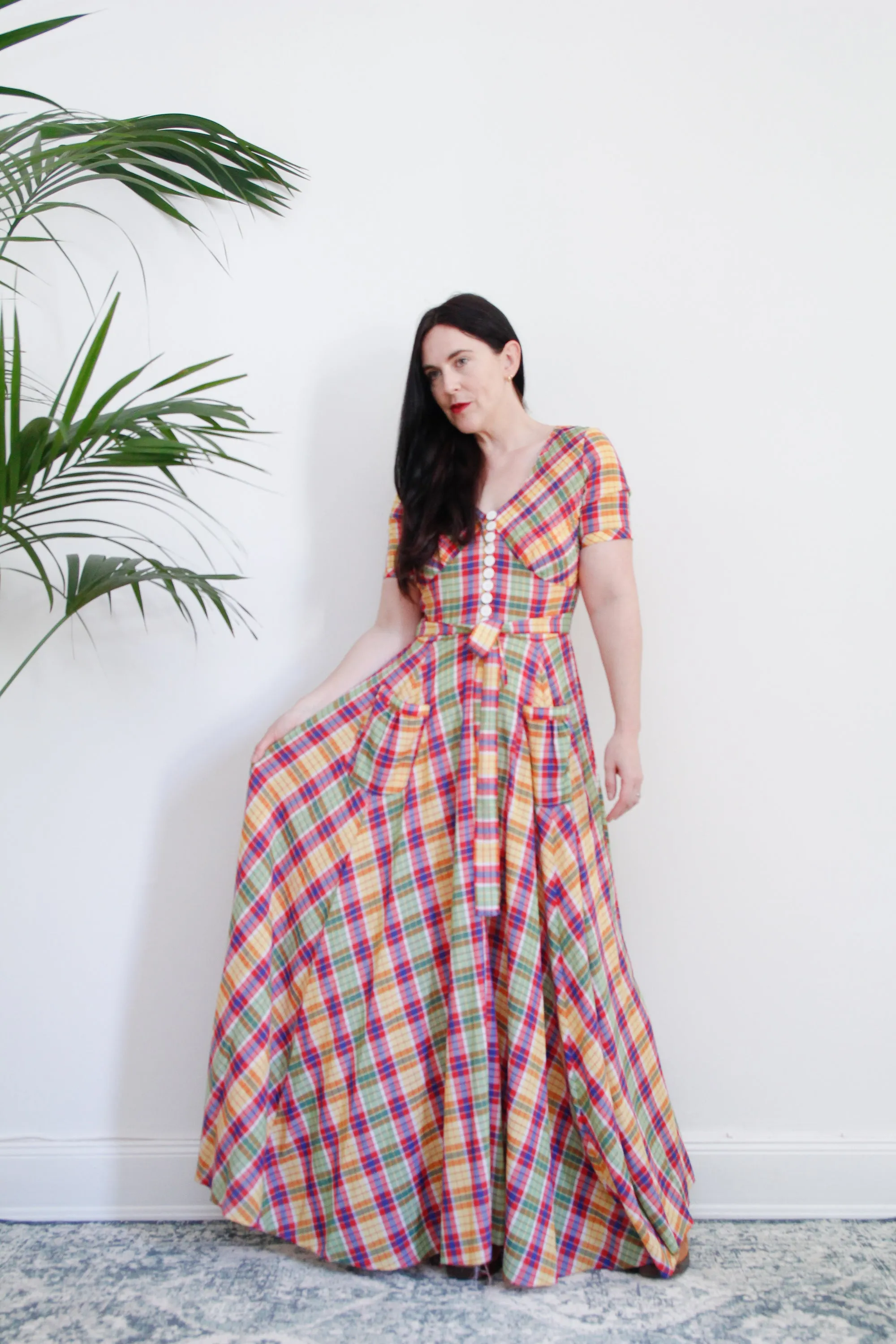 1970's Betty Barclay Checked Paid Prairie Maxi Dress