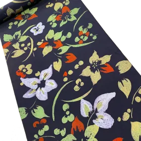 2.3 YARD PIECE, Black Tropical Floral Vintage Kimono Silk from Japan #730