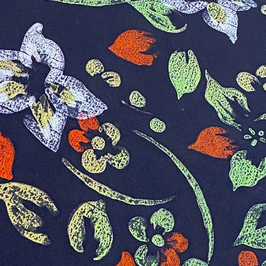 2.3 YARD PIECE, Black Tropical Floral Vintage Kimono Silk from Japan #730