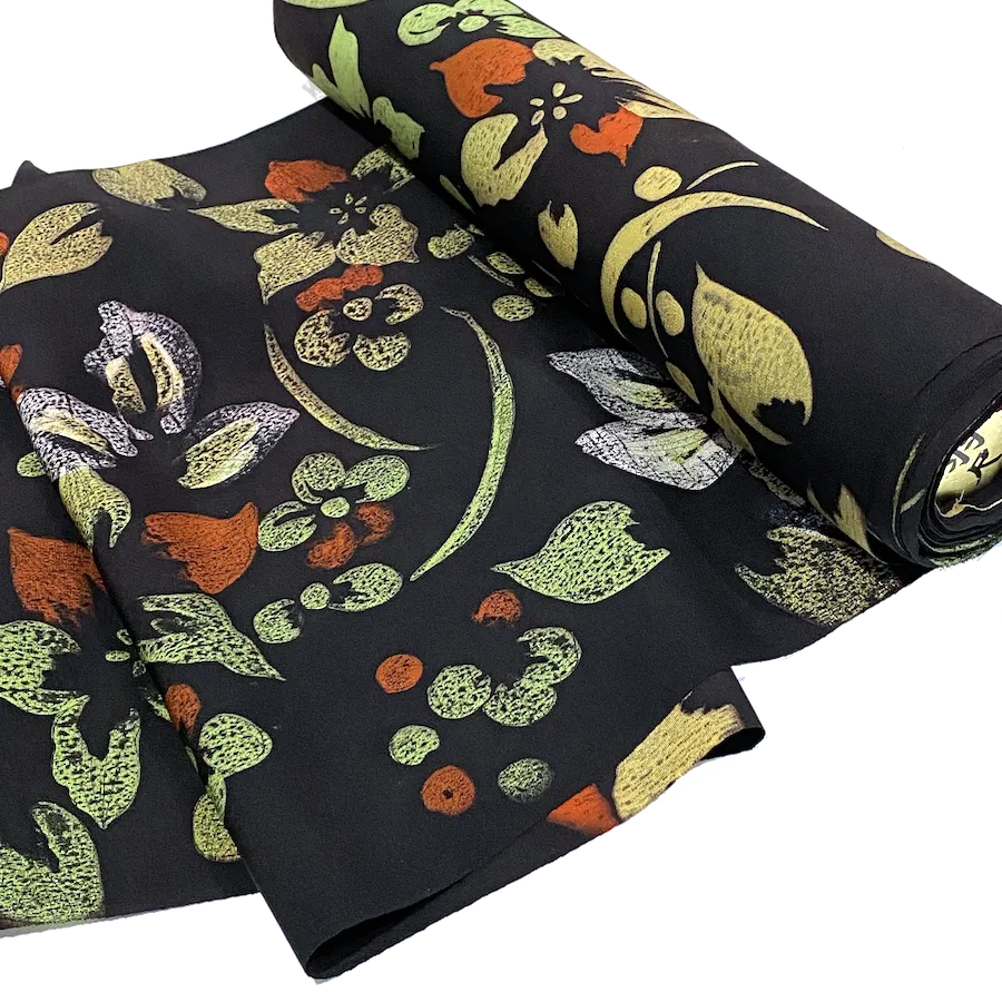2.3 YARD PIECE, Black Tropical Floral Vintage Kimono Silk from Japan #730