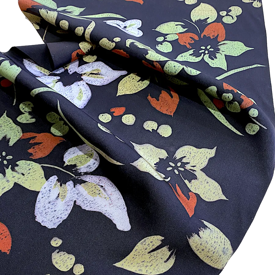 2.3 YARD PIECE, Black Tropical Floral Vintage Kimono Silk from Japan #730