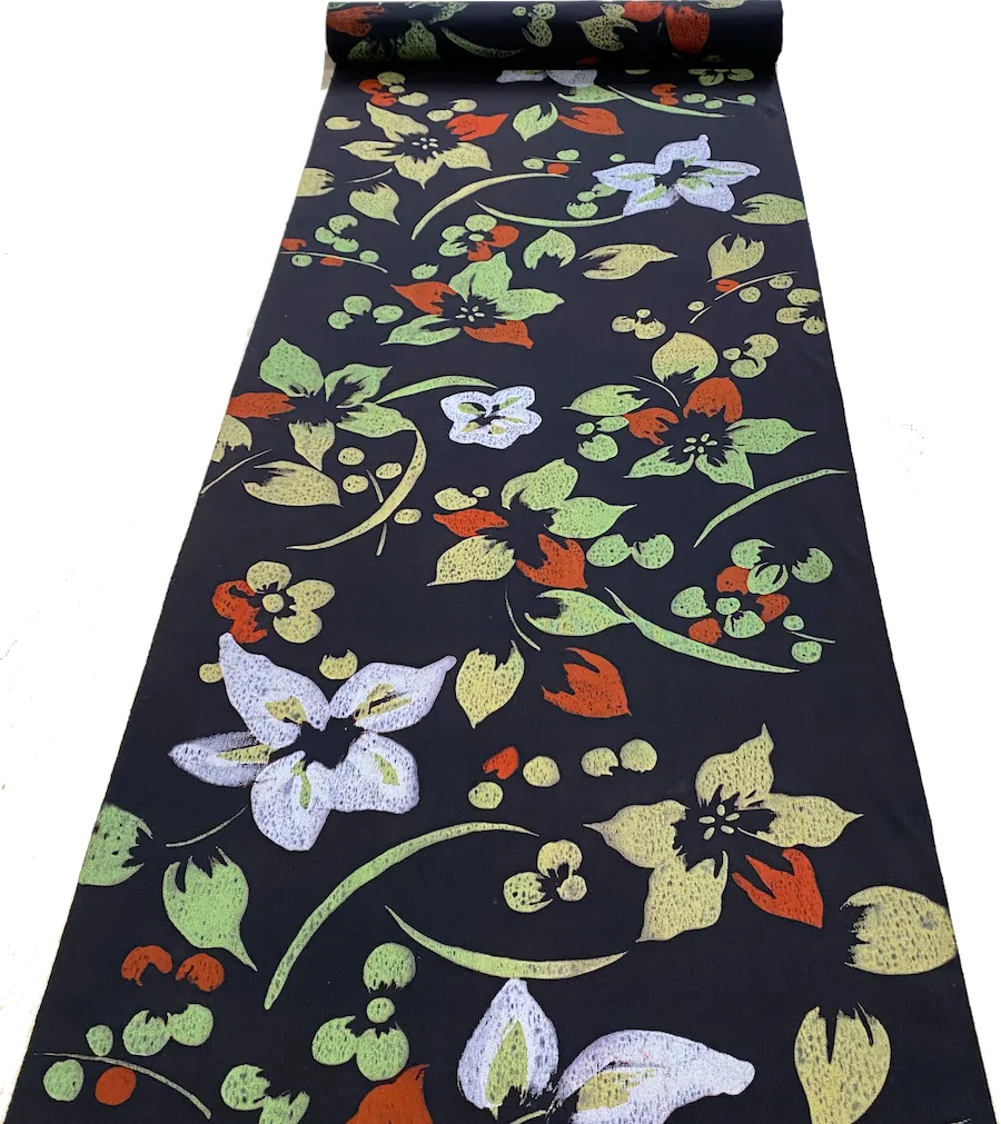 2.3 YARD PIECE, Black Tropical Floral Vintage Kimono Silk from Japan #730