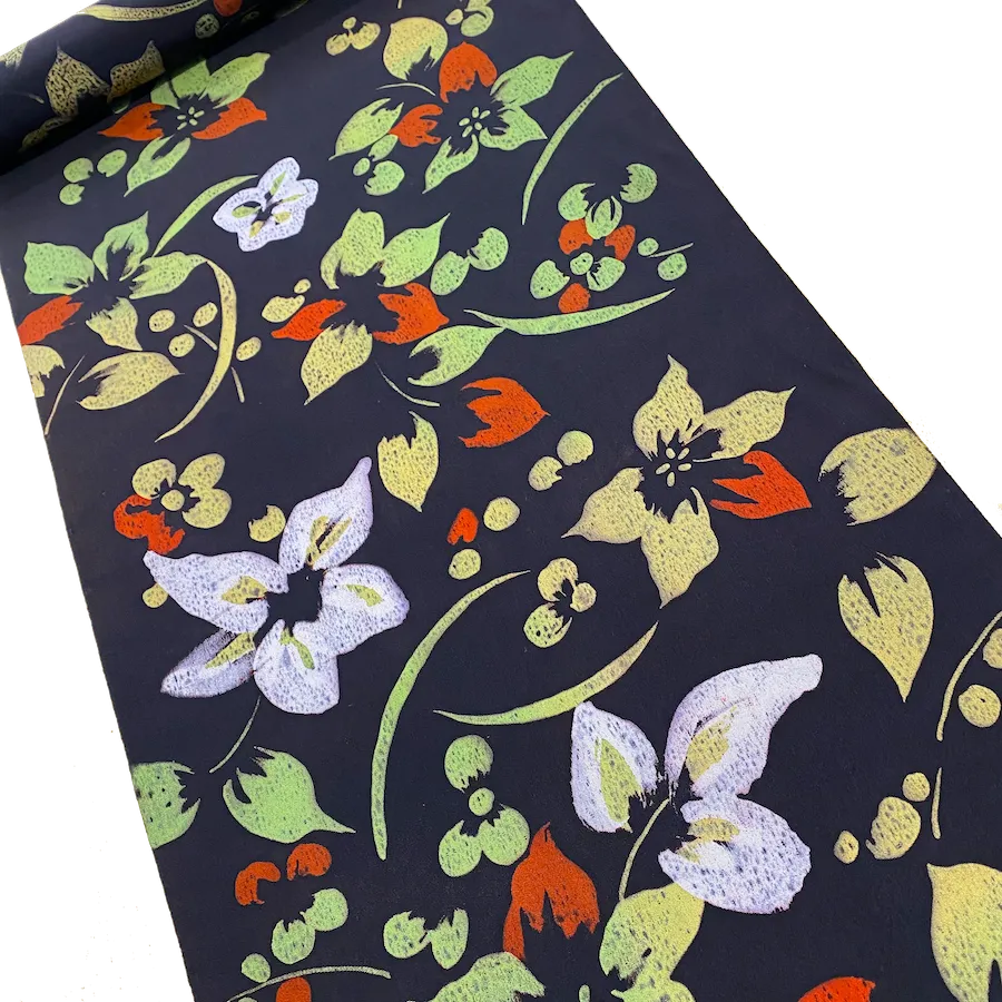 2.3 YARD PIECE, Black Tropical Floral Vintage Kimono Silk from Japan #730