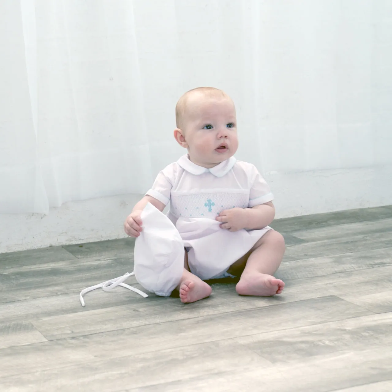 30098-White Hand Smocked Cross Baby Boy Bubble Romper with Bonnet