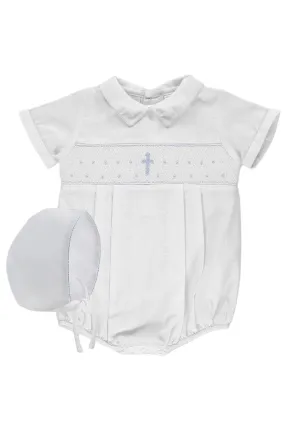 30098-White Hand Smocked Cross Baby Boy Bubble Romper with Bonnet