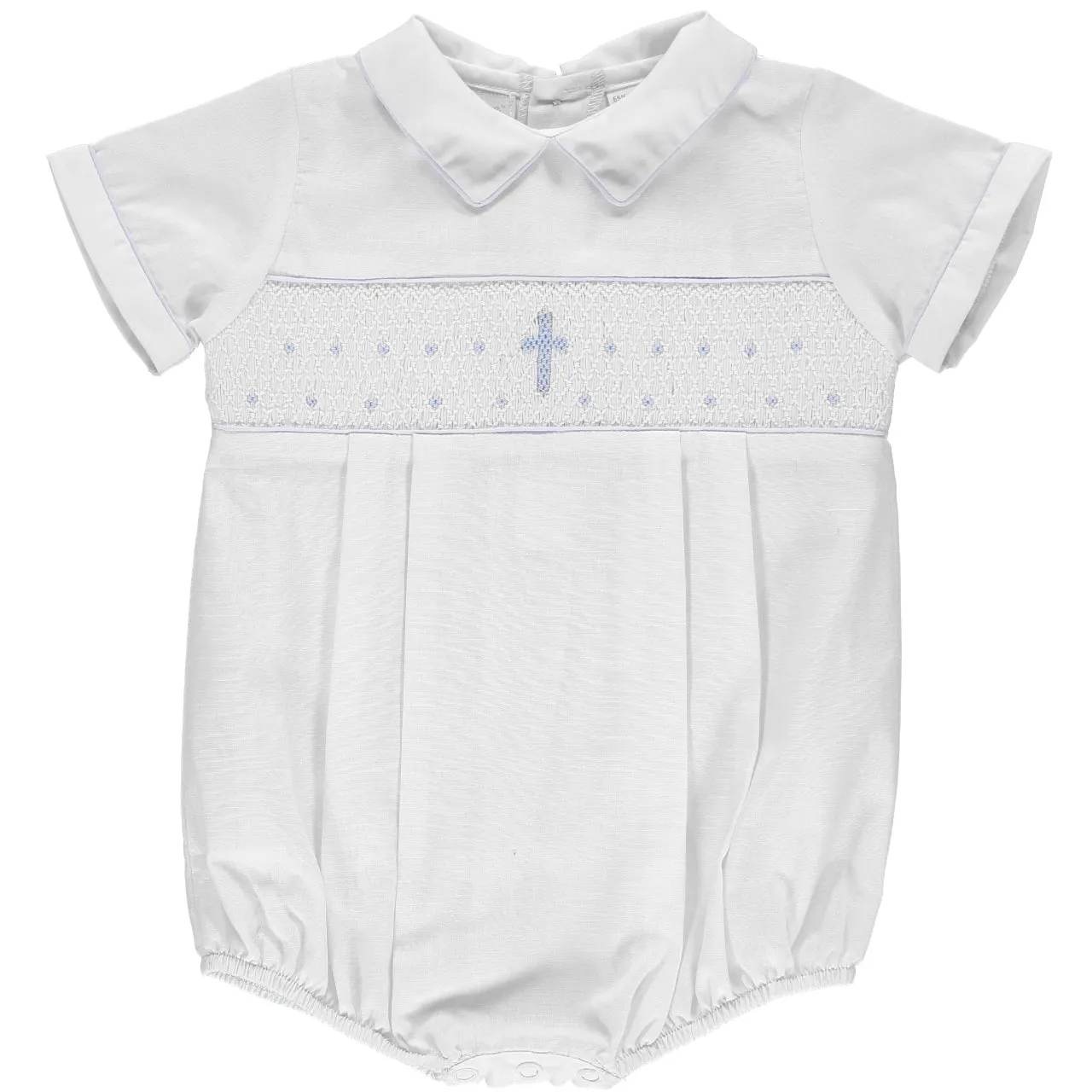 30098-White Hand Smocked Cross Baby Boy Bubble Romper with Bonnet