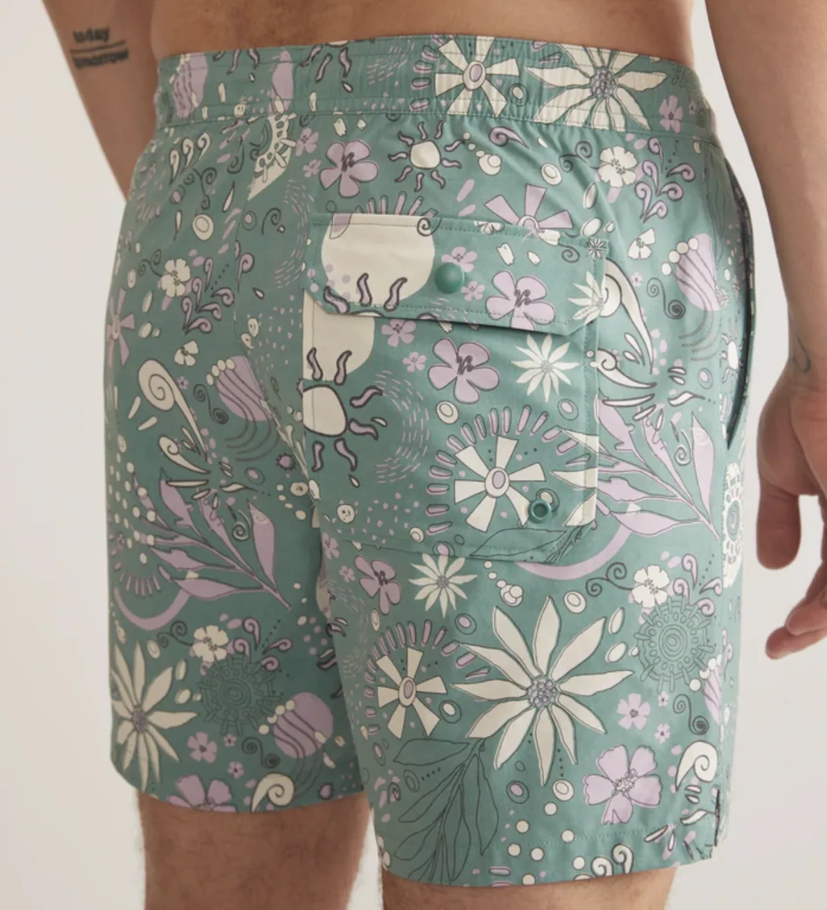 6" Mechanical Stretch Swim Trunk - Green Floral Print