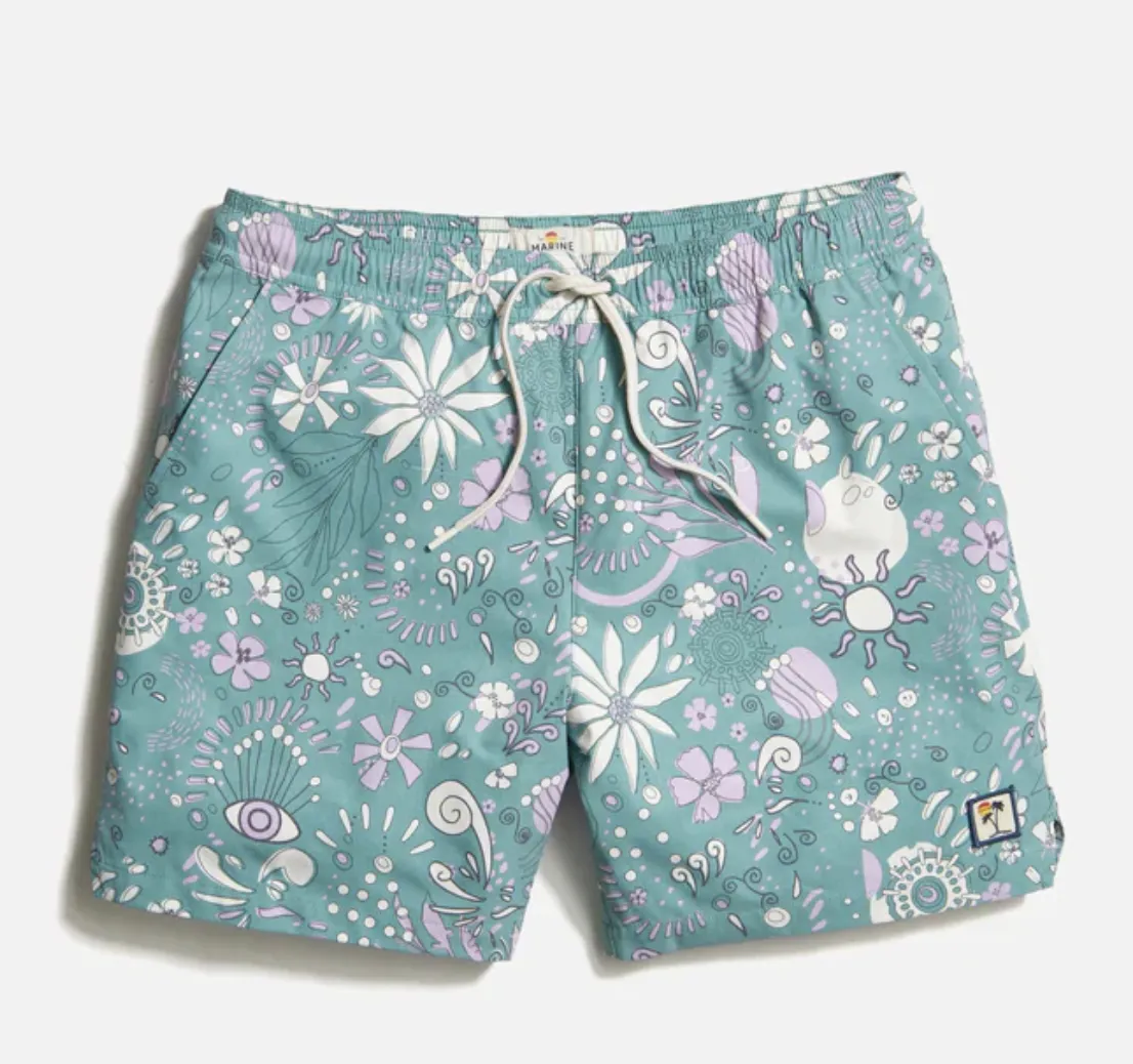 6" Mechanical Stretch Swim Trunk - Green Floral Print