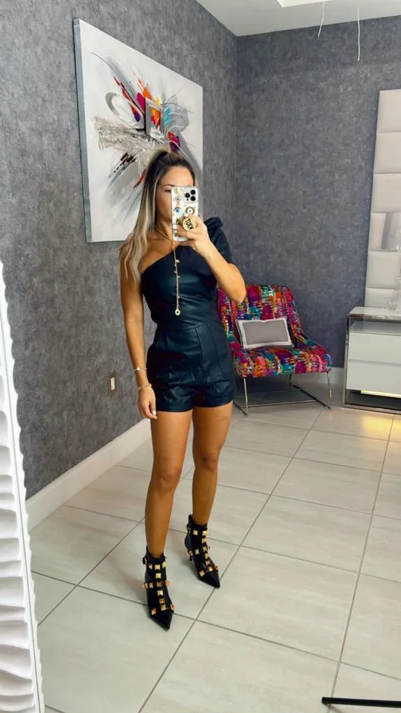 9521 One shoulder leather romper