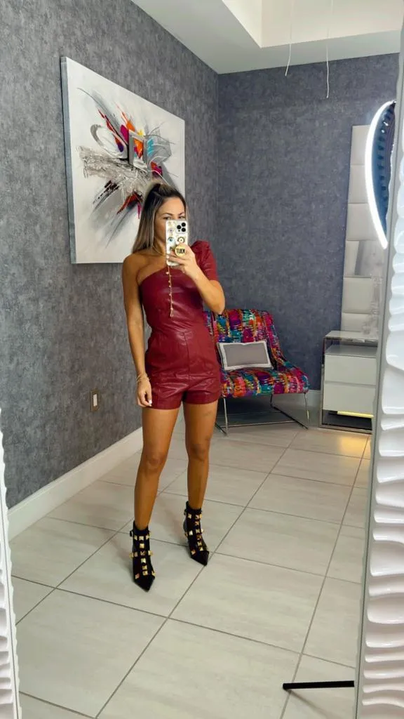 9521 One shoulder leather romper