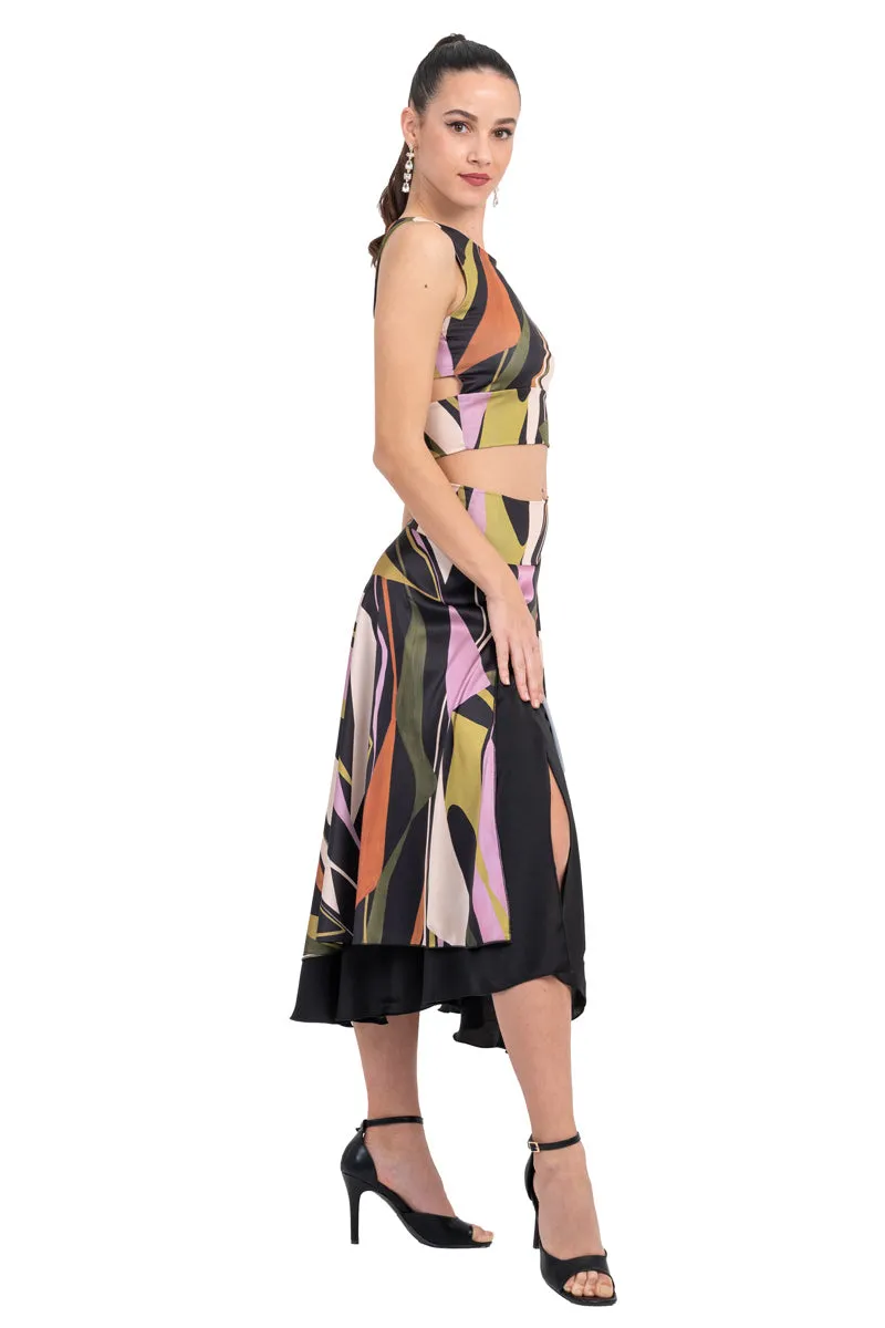 Abstract Print Two-layer Satin Dance Skirt