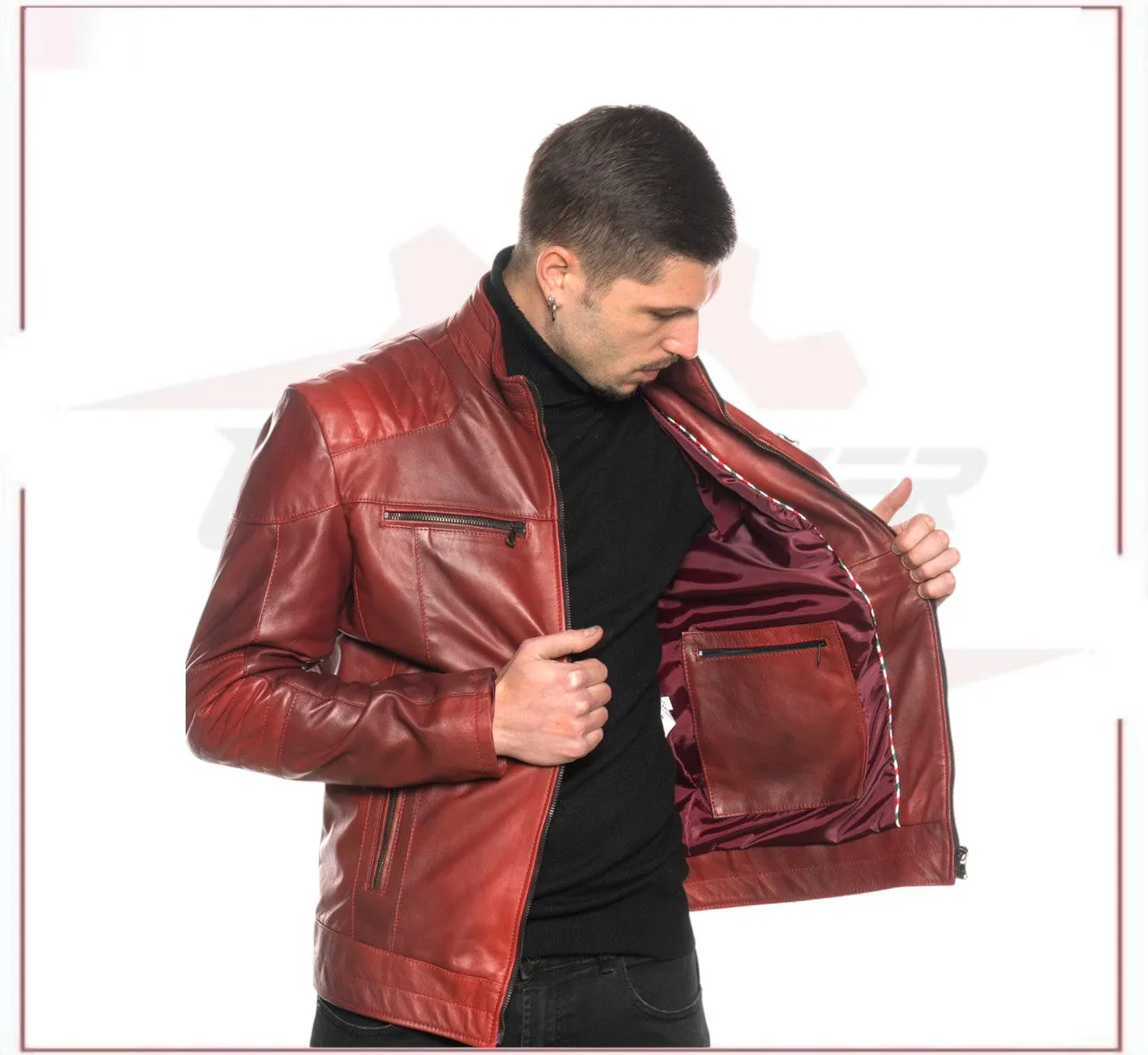 Attila - Men's Biker Jacket in Genuine Bordeaux Leather