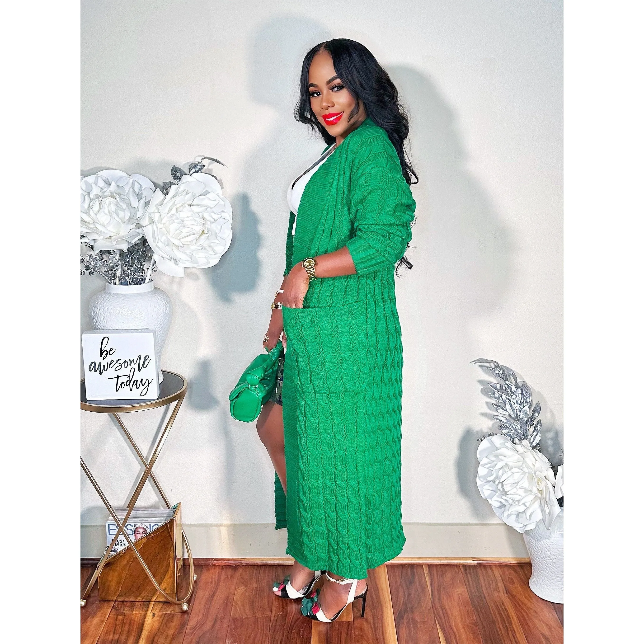 BABE ITS COLD MAXI KNIT OVERSIZED CARDIGAN (GREEN)