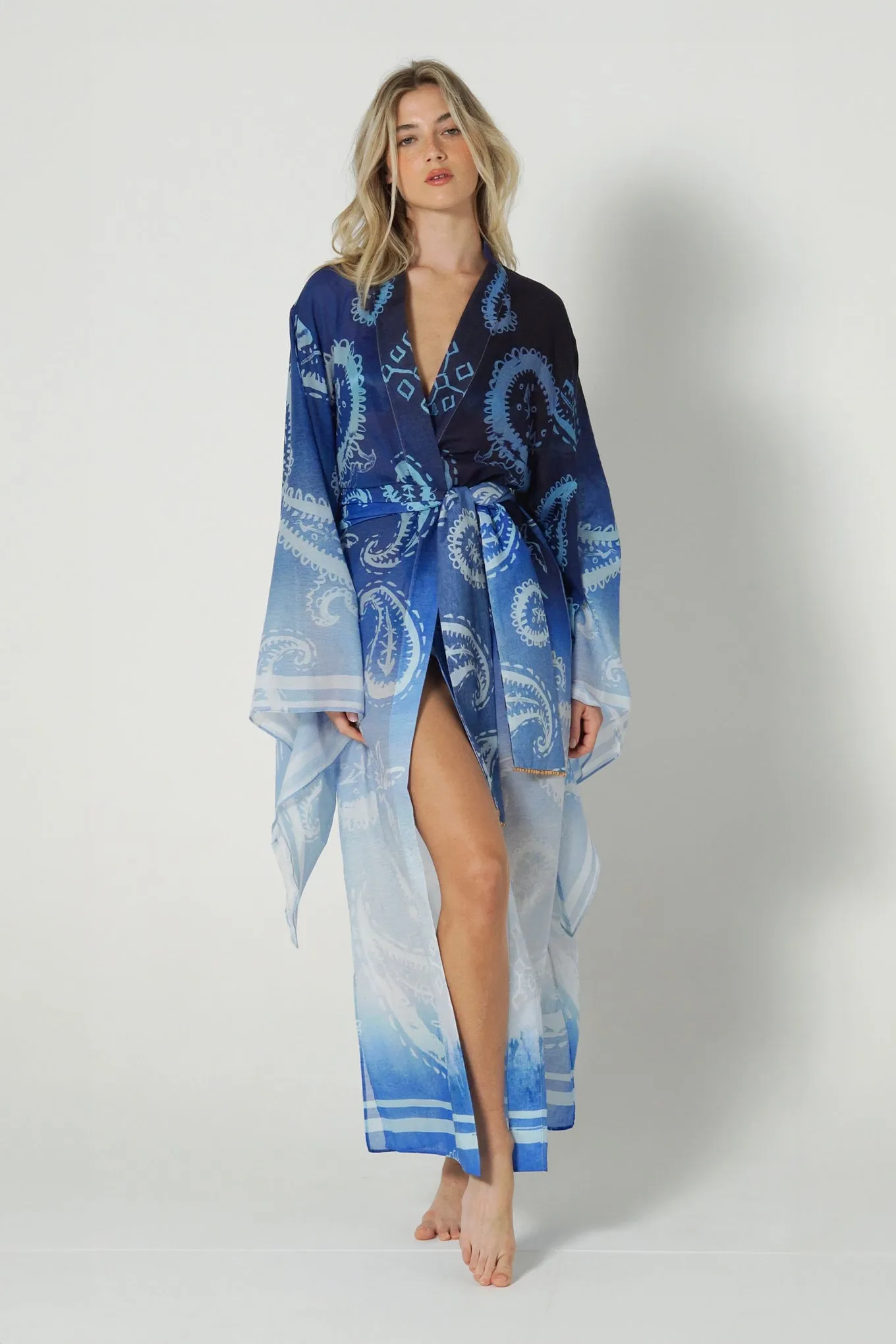 Bell Sleeve Kimono Paisley Blue