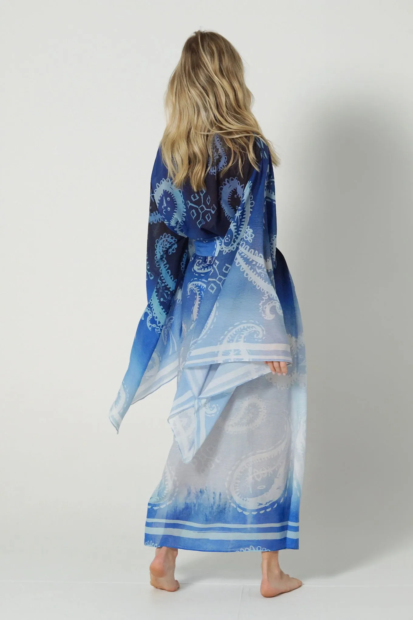 Bell Sleeve Kimono Paisley Blue