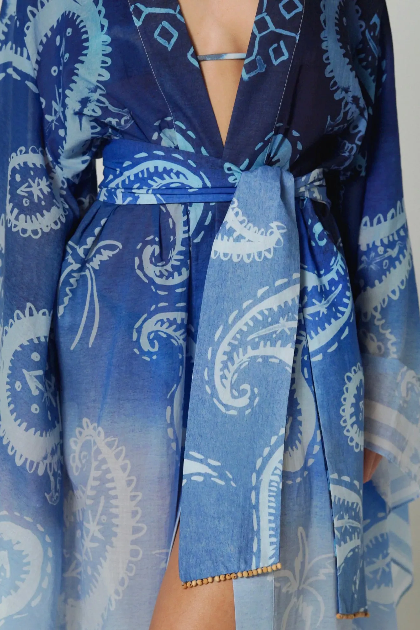 Bell Sleeve Kimono Paisley Blue