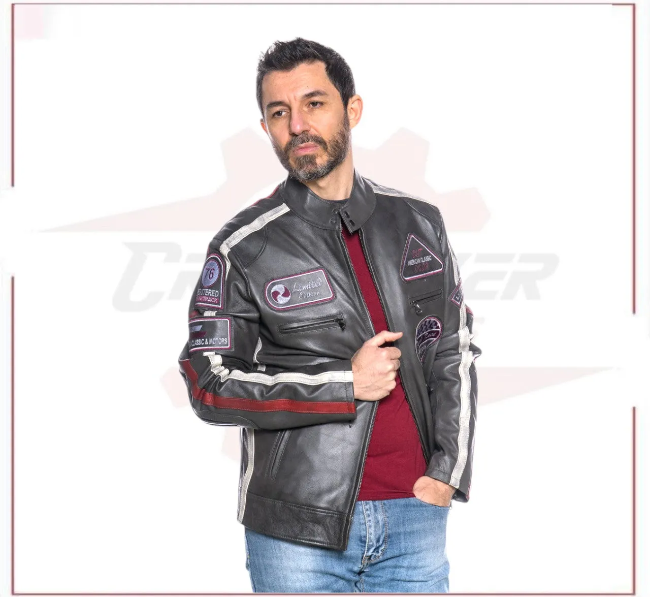 Biker Man's Jacket in genuine Dark Gray Leather
