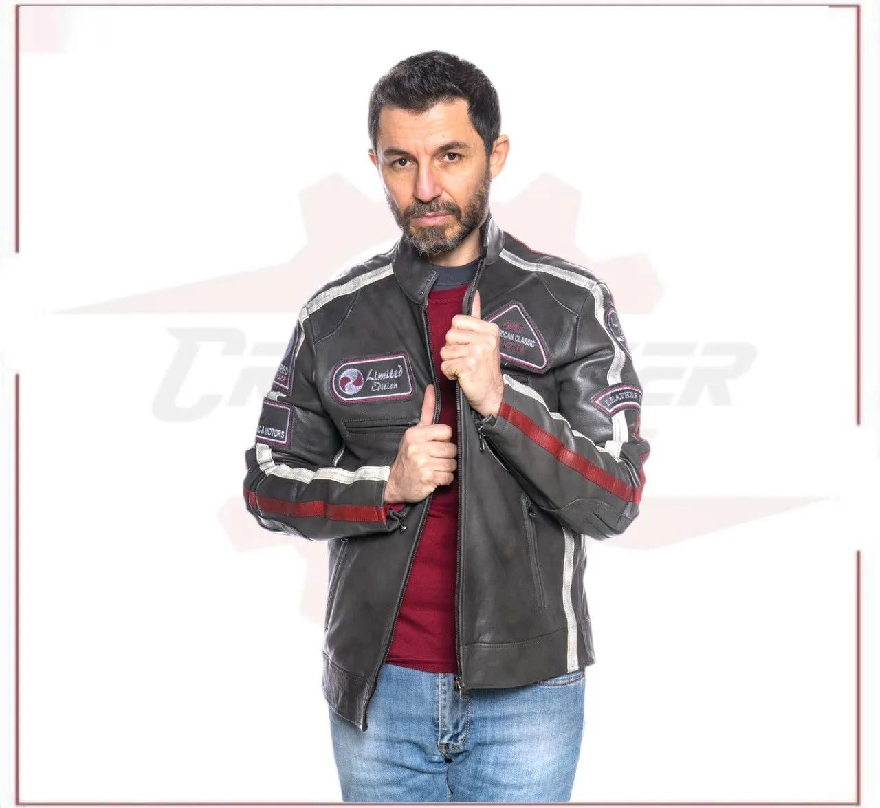Biker Man's Jacket in genuine Dark Gray Leather