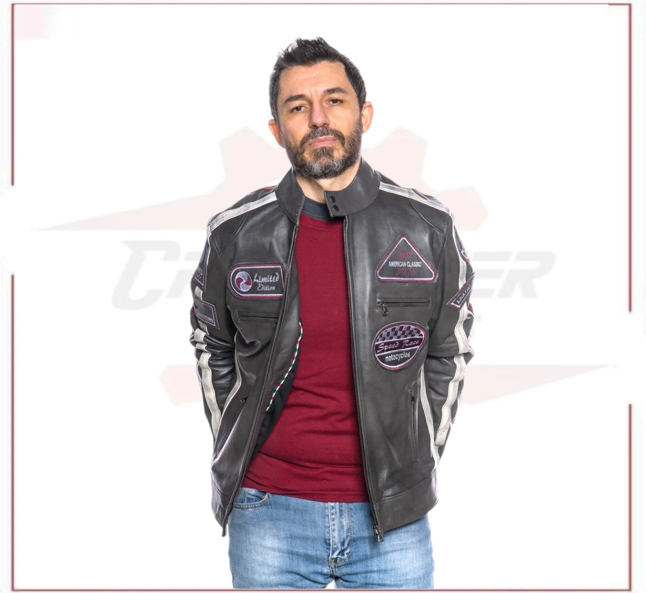 Biker Man's Jacket in genuine Dark Gray Leather