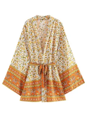 Birthday Party Wear Floral Print Yellow Cotton Short Length Gown Robe Kimono Duster Robe
