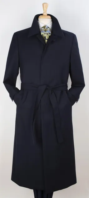 Black Diamond Mens Solid Navy Blue 100% Wool Gabardine Belted Duster Overcoat